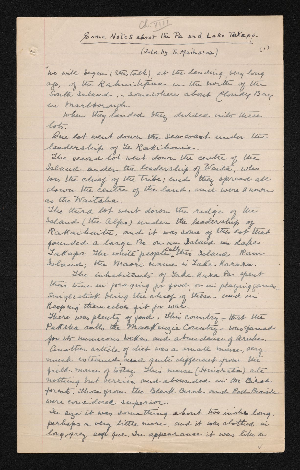 Handwritten notes entitled 'Some notes about the Pa and Lake Takapo' told by Te Maiharoa to Maud Goodenough Hayter