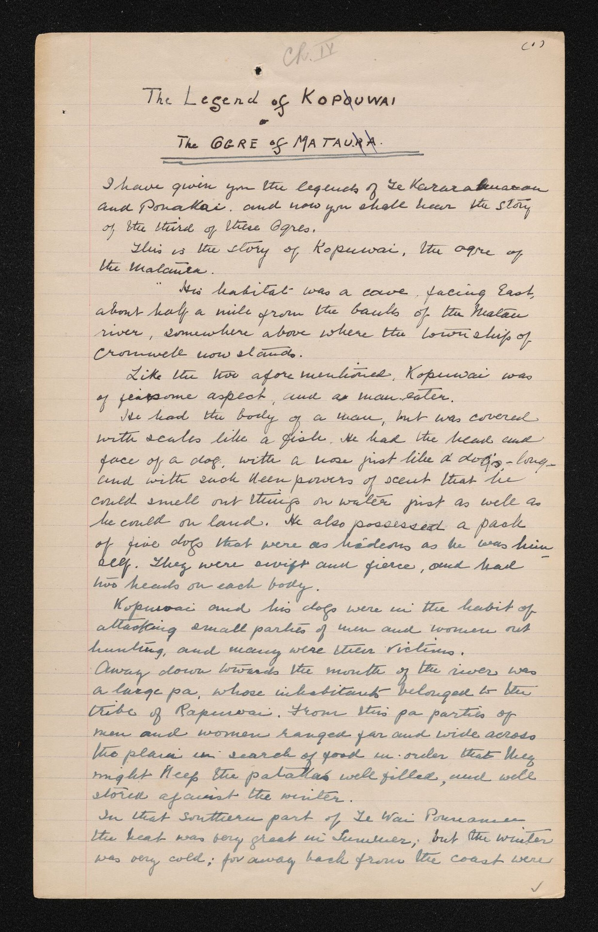 Handwritten notes entitled 'The Legend of Kopuwai or The Ogre of Matau'