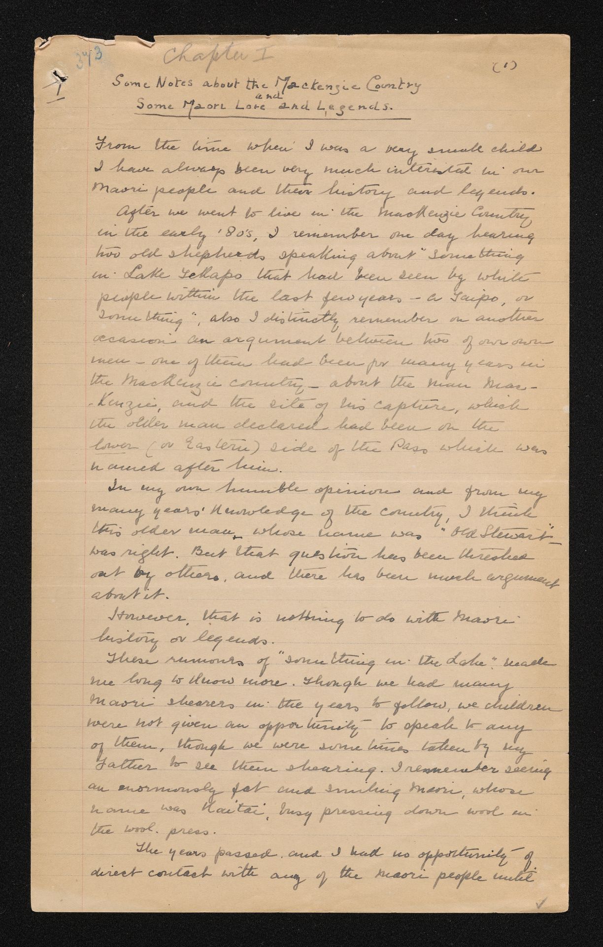 Handwritten notes entitled 'Some Notes about the Mackenzie Country and Some Māori Lore and Legends'