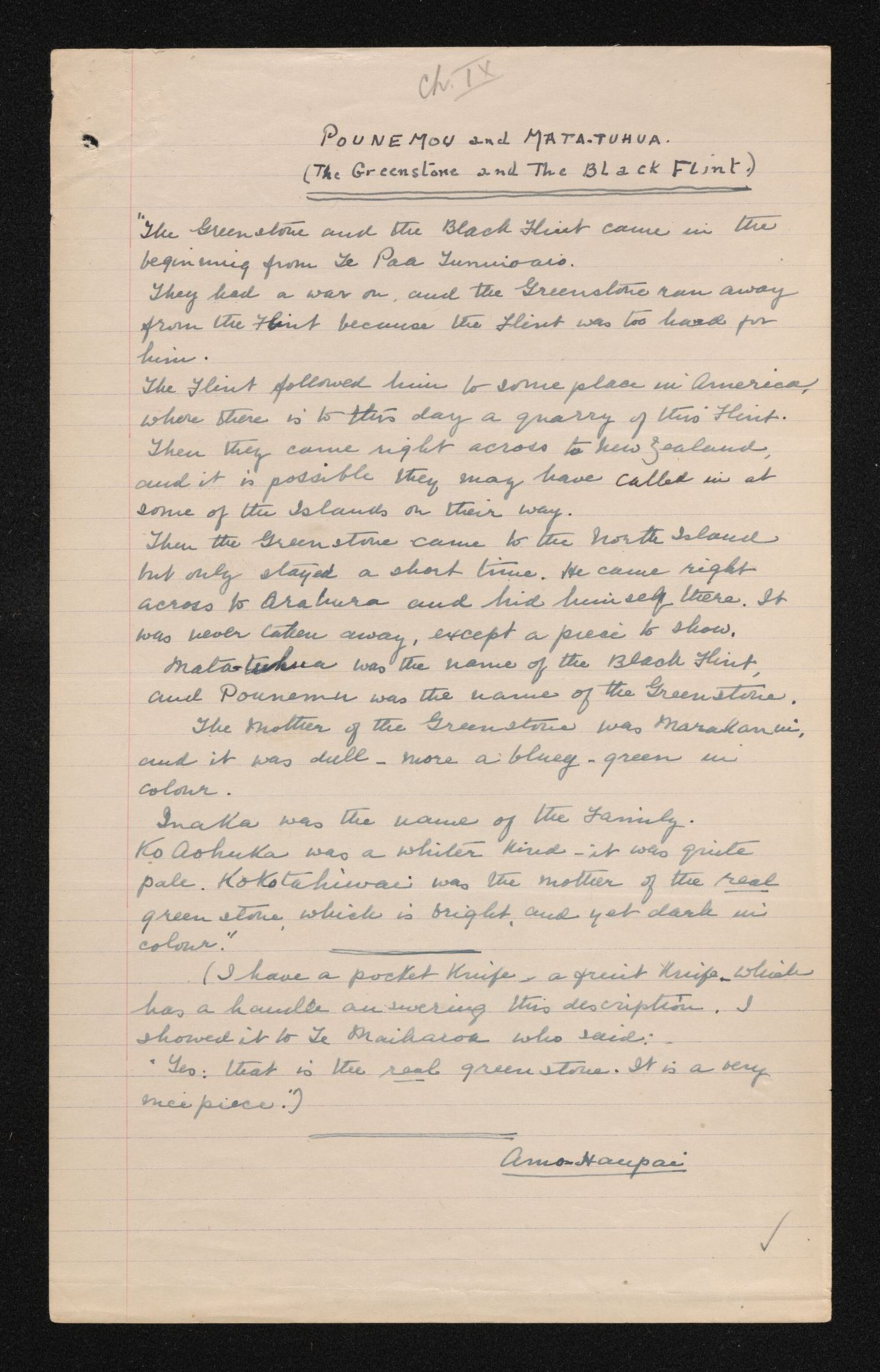 Handwritten notes entitled 'Pounemou and Mata-tuhua' and 'Takaroa (the Sea-God) and others'