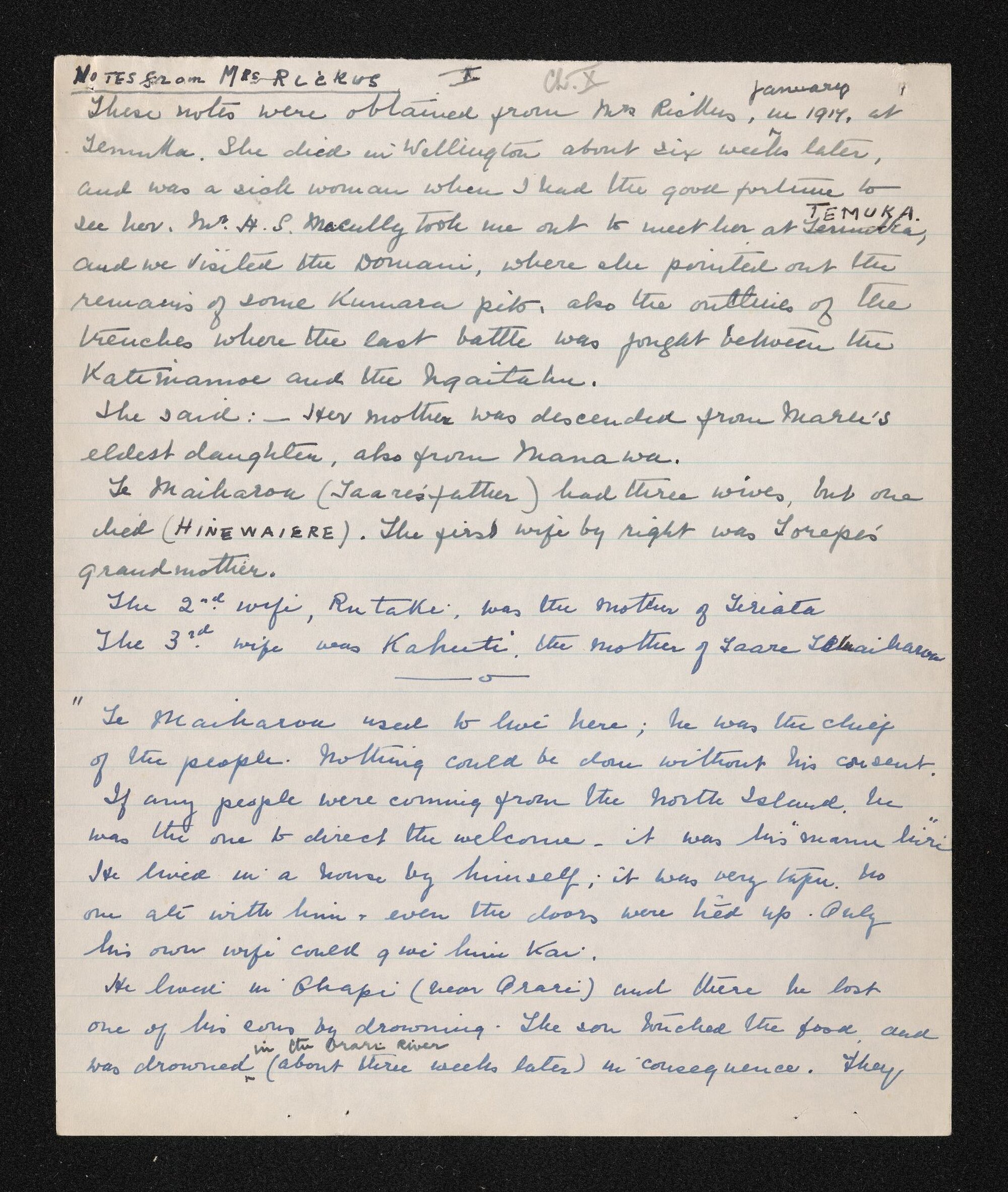 Handwritten notes obtained from Mrs Rickus by Maud Goodenough Hayter regarding Te Maiharoa