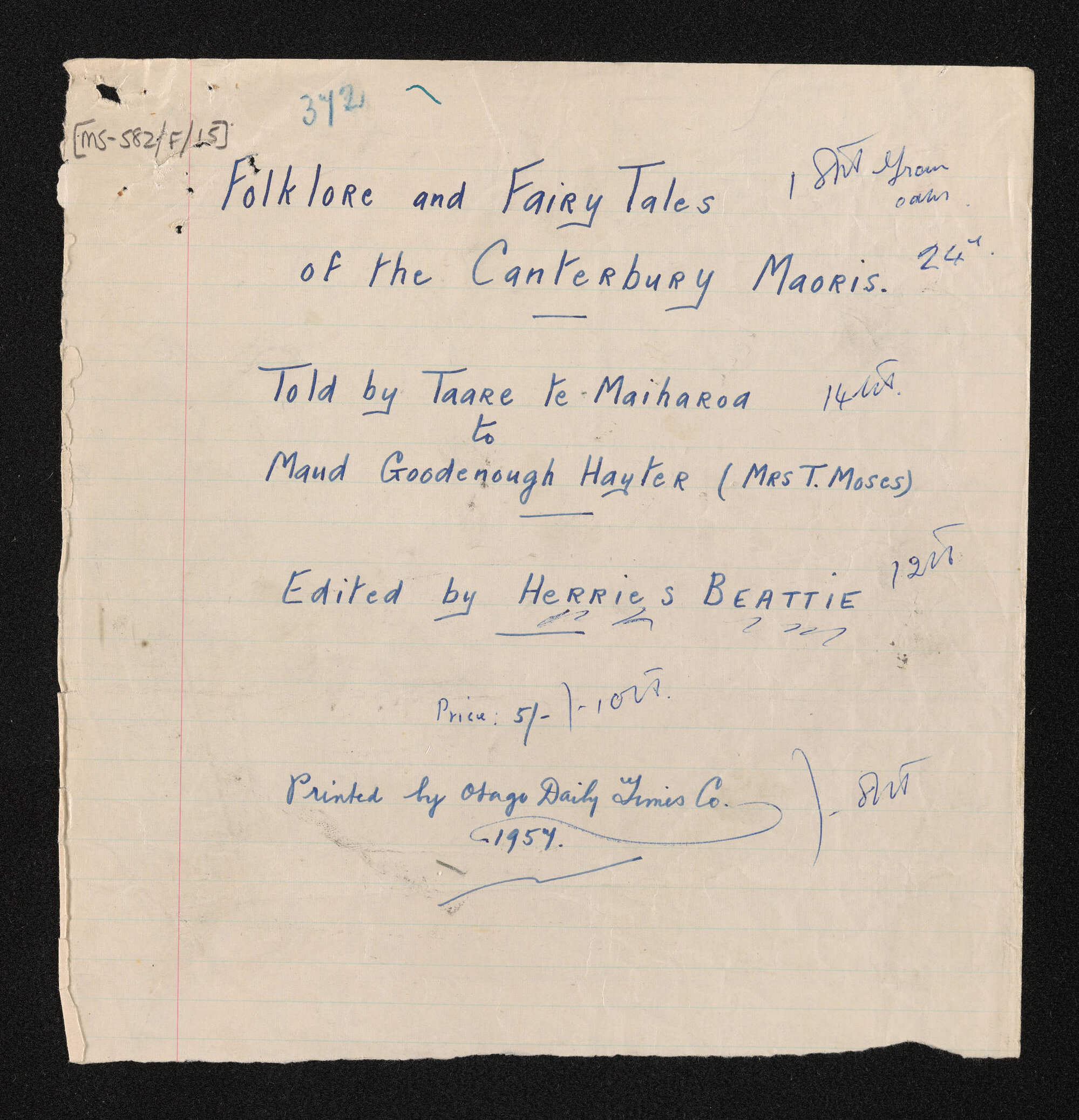 Typescripts of Māori lore, legends and folktales, told by Taare Rewiti Te Maiharoa to Maud Goodenough Hayter (Mrs T. Moses)