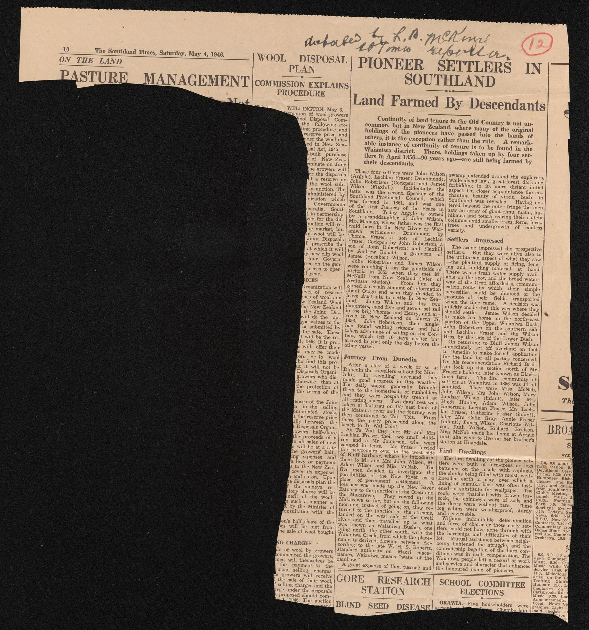 Newspaper clipping from the Southland Times, 4 May 1946