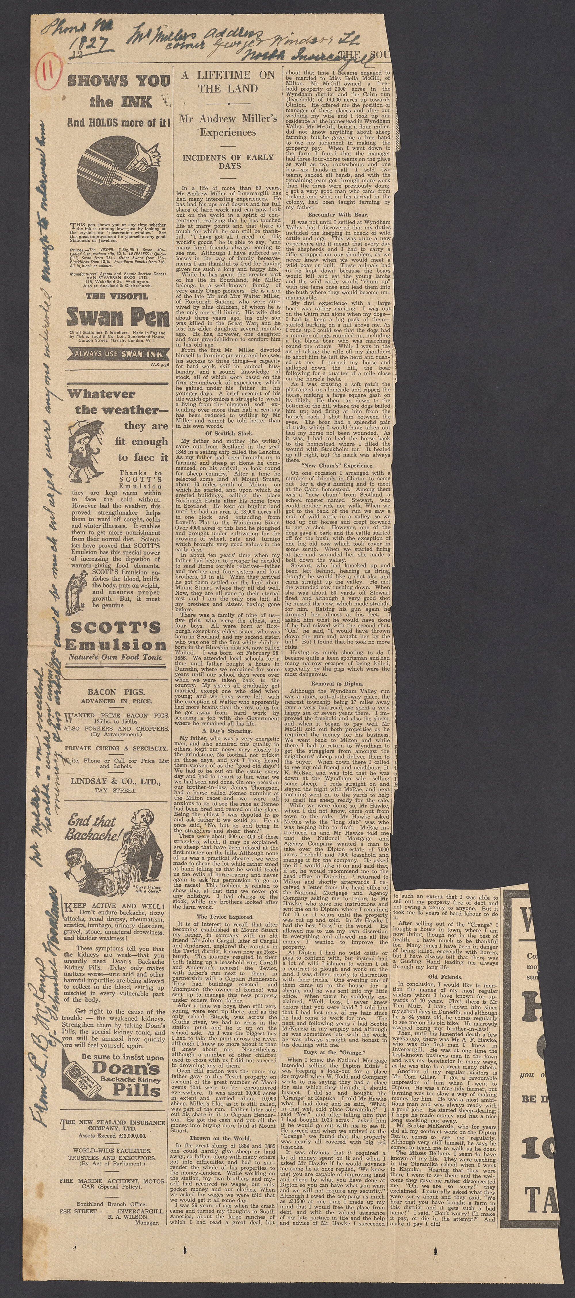 Annotated newspaper clipping from the Southland Times, 28 October 1936