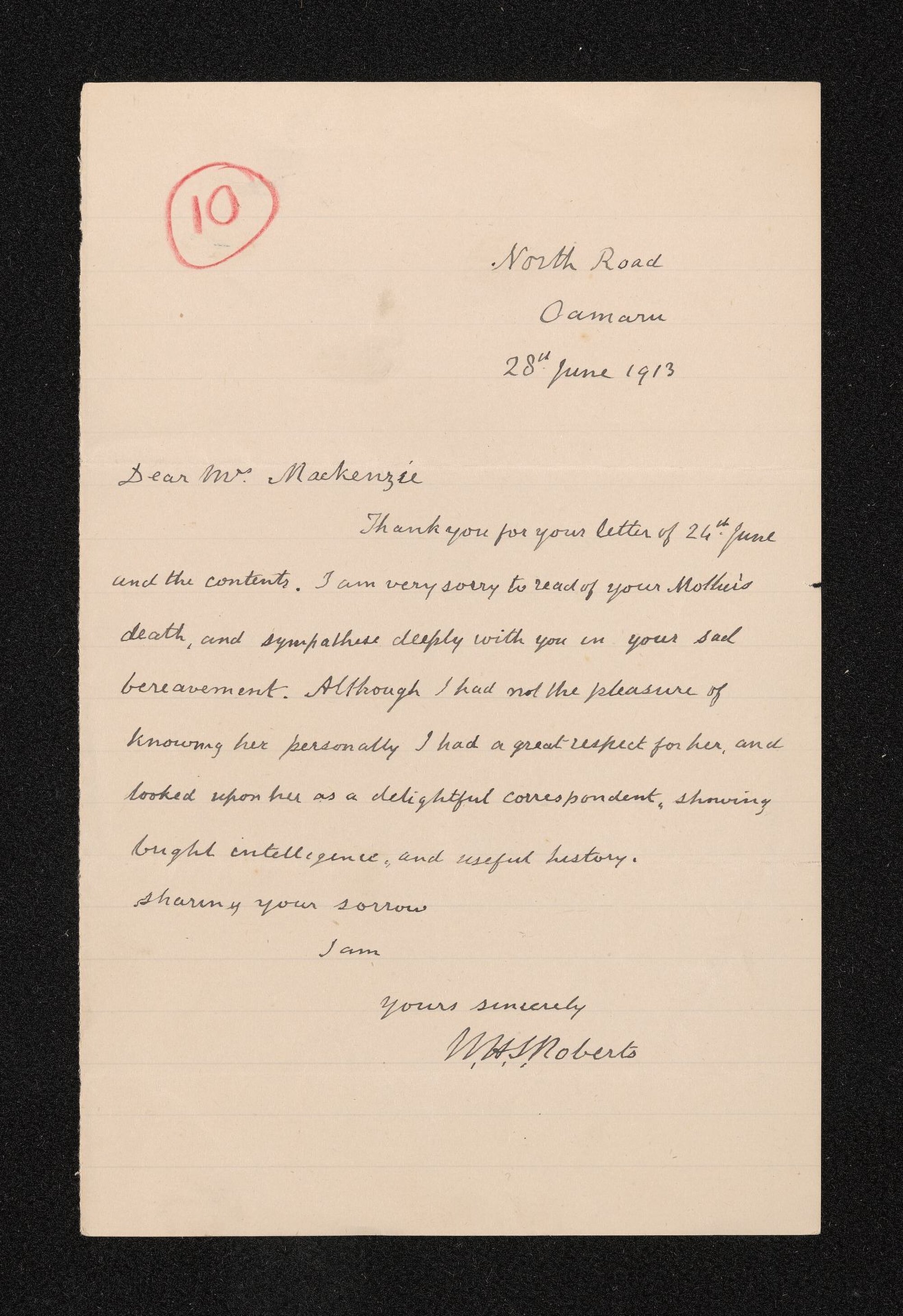 Letter, 28 June 1913, from W.H.S. Roberts, to Louisa McKenzie