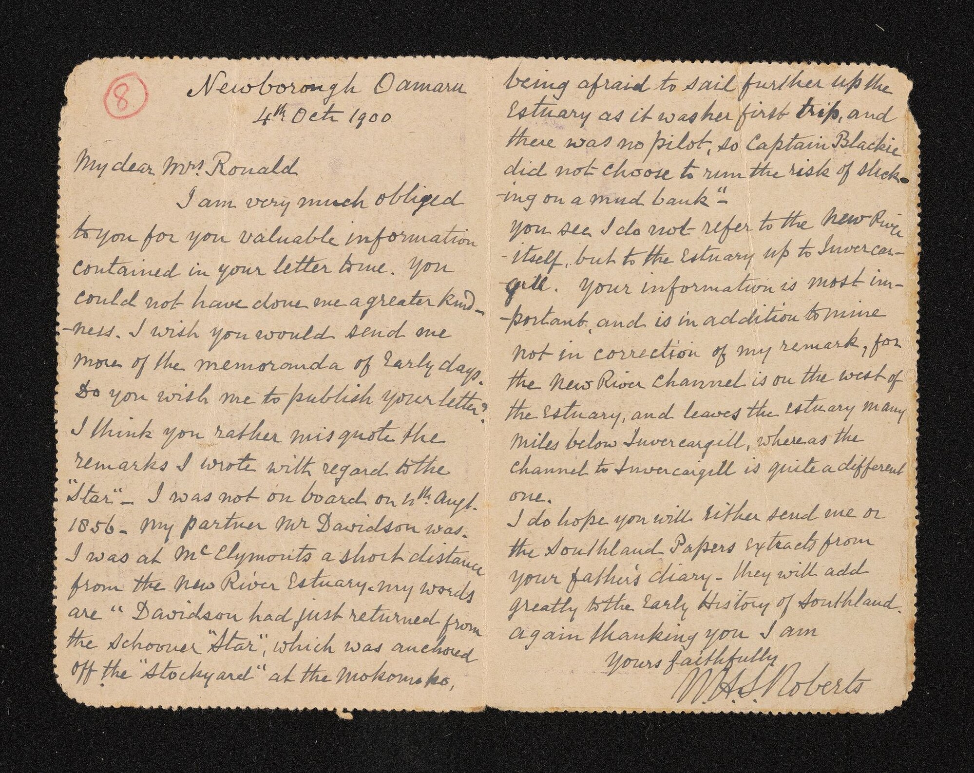 Letter, 4 October 1900, from W.H.S. Roberts, to Mrs William [Charlotte] Ronald