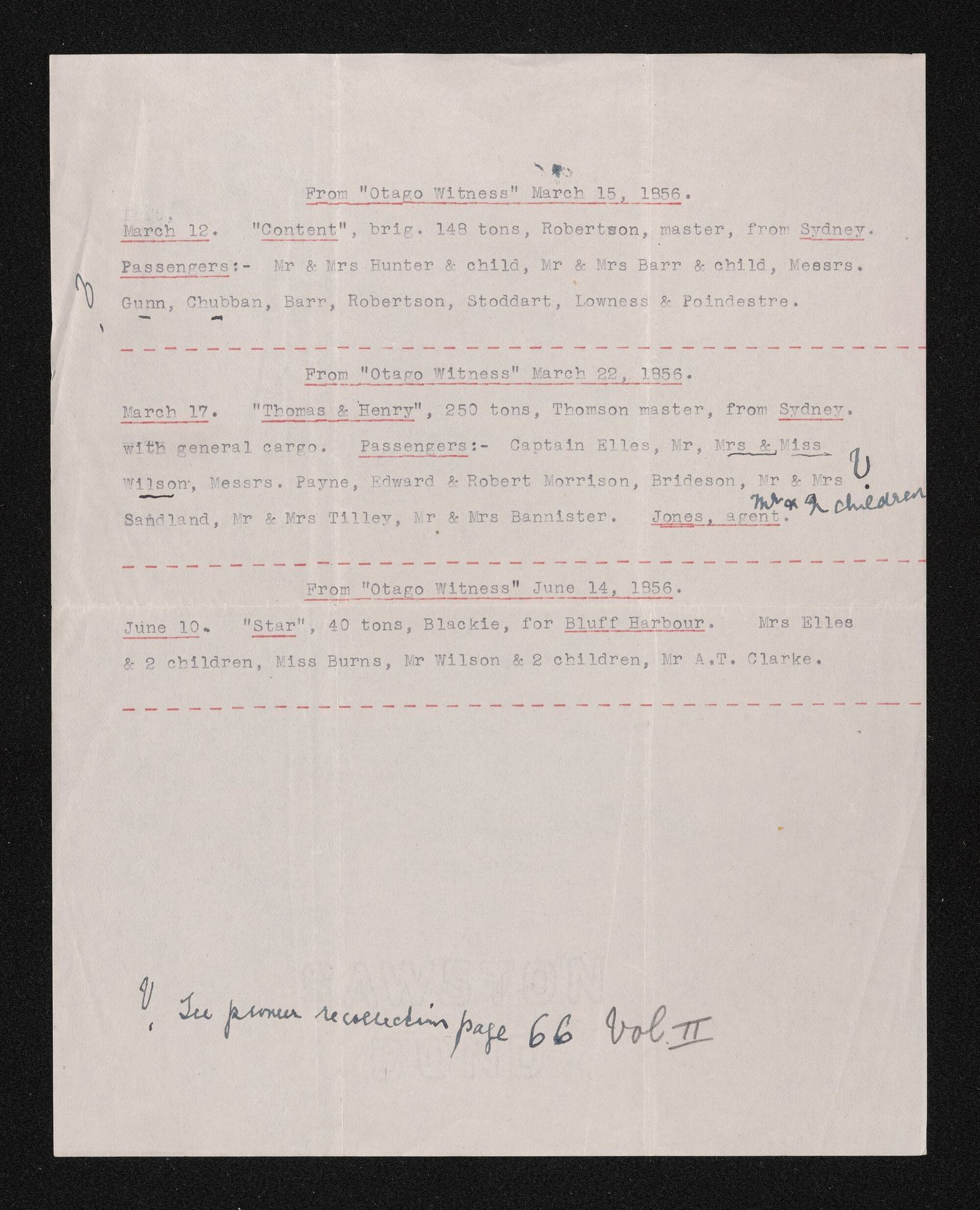 Shipping notices to Dunedin, March-June 1856