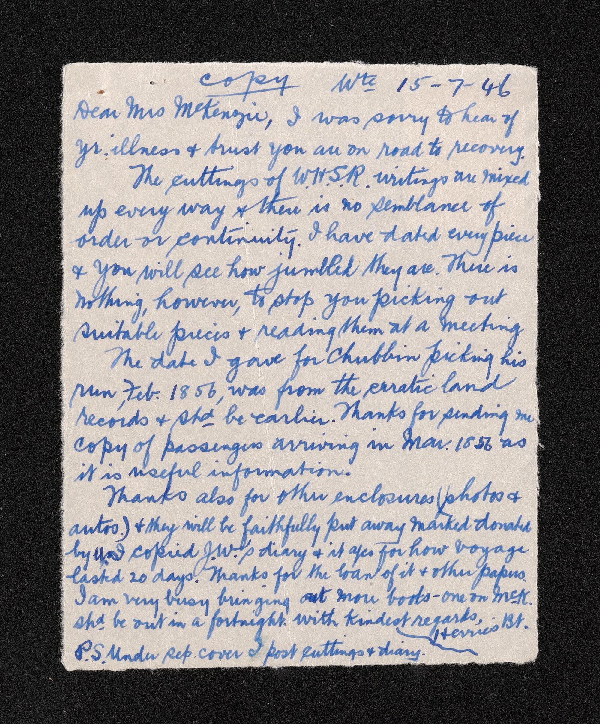 Letter, 10 June 1946, from Louisa McKenzie, to Herries Beattie, and copy of letter of reply, 15 July 1946, from Herries Beattie to Louisa McKenzie