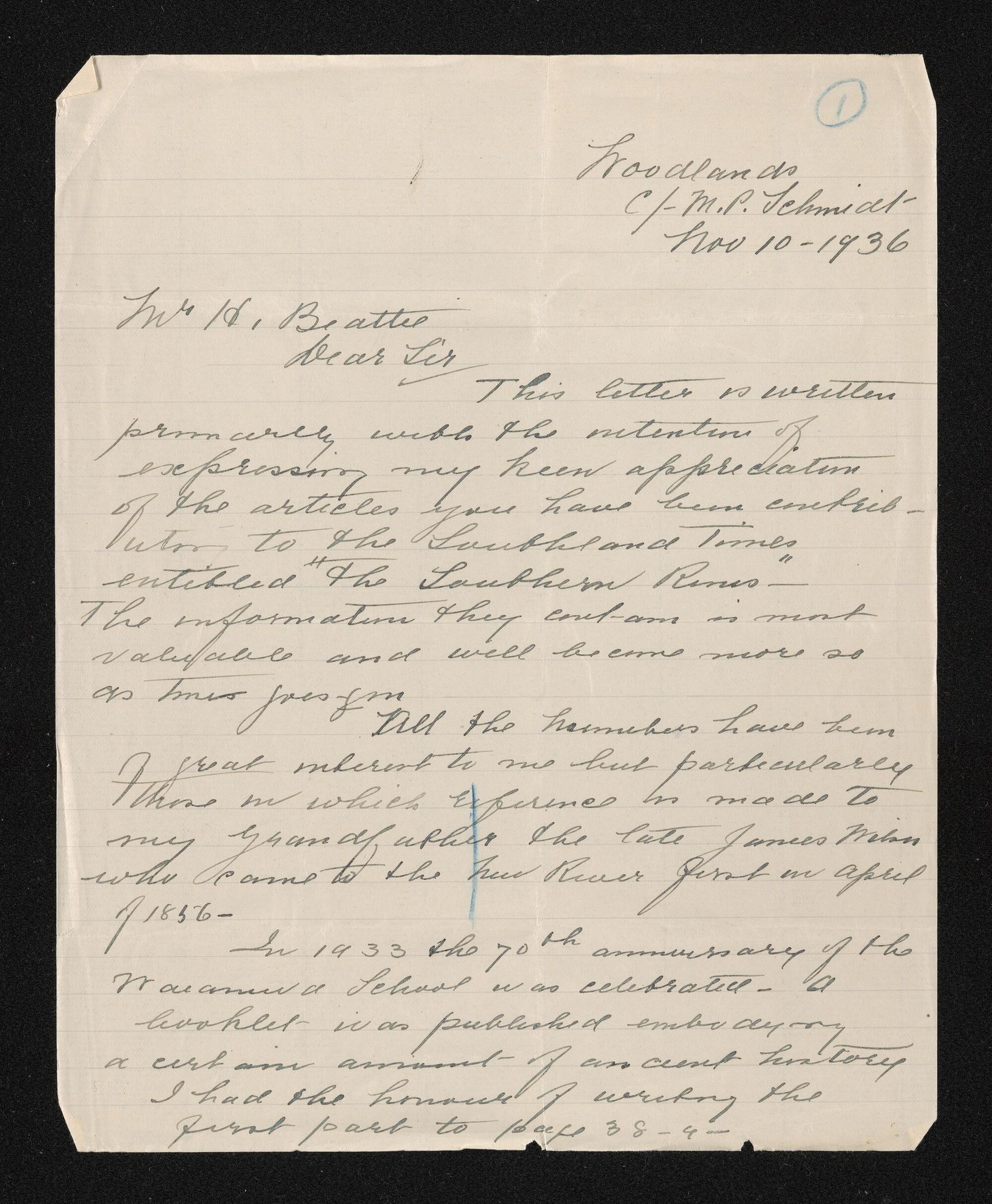 Letter, 10 November 1936, from Louisa McKenzie, to Herries Beattie