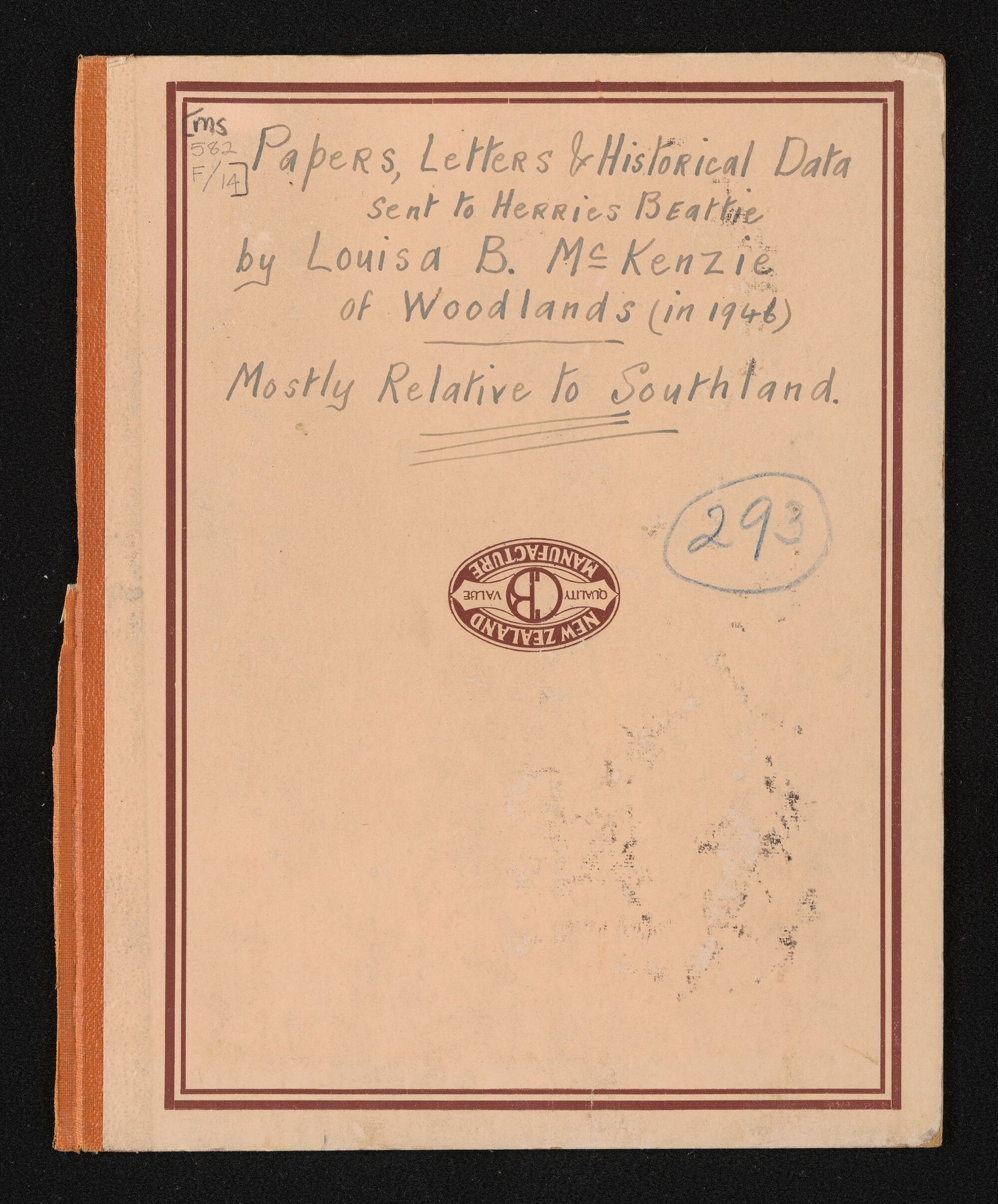 Cover and contents of folder contents entitled 'Papers, letters and historical data, mostly relative to Southland'