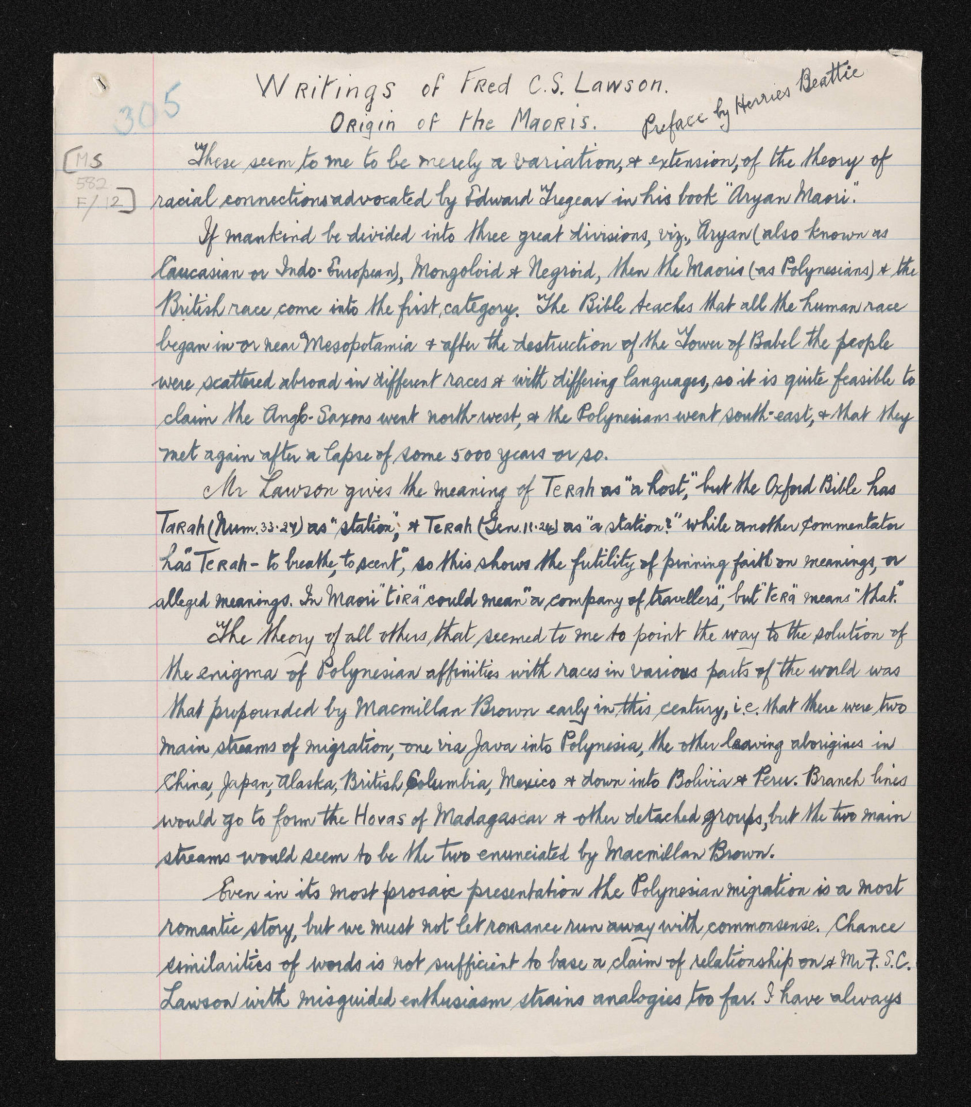 Writings of Fred C.S. Lawson regarding the origin of Māori, with preface by Herries Beattie