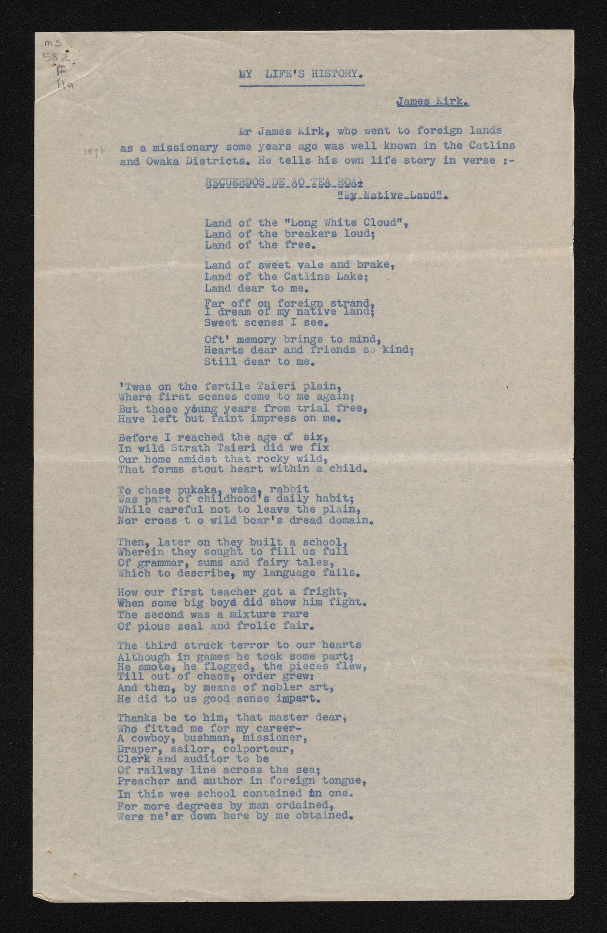 Typescript copy of, 'My life's history' by James Kirk