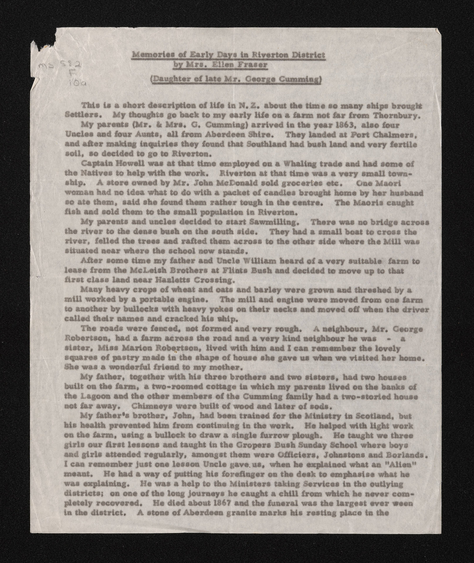 Typescript copy of, 'Memories of early days in Riverton District', by Ellen Fraser