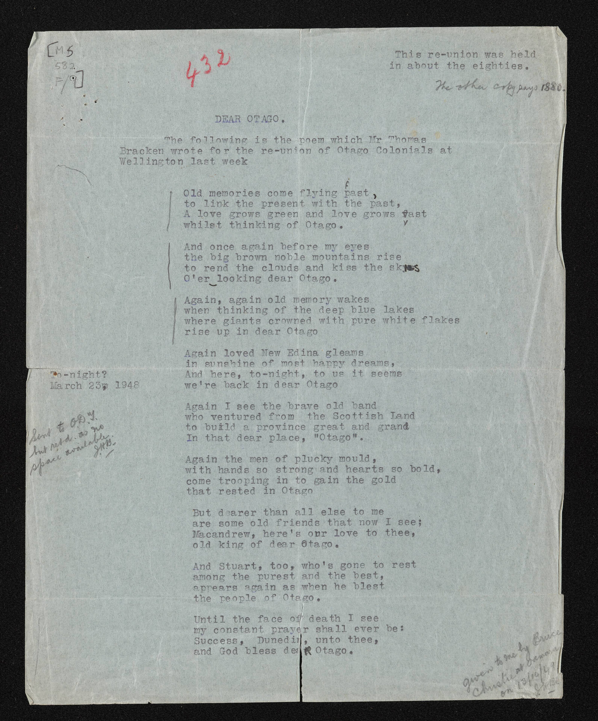 Poem entitled, 'Dear Otago', by Thomas Bracken