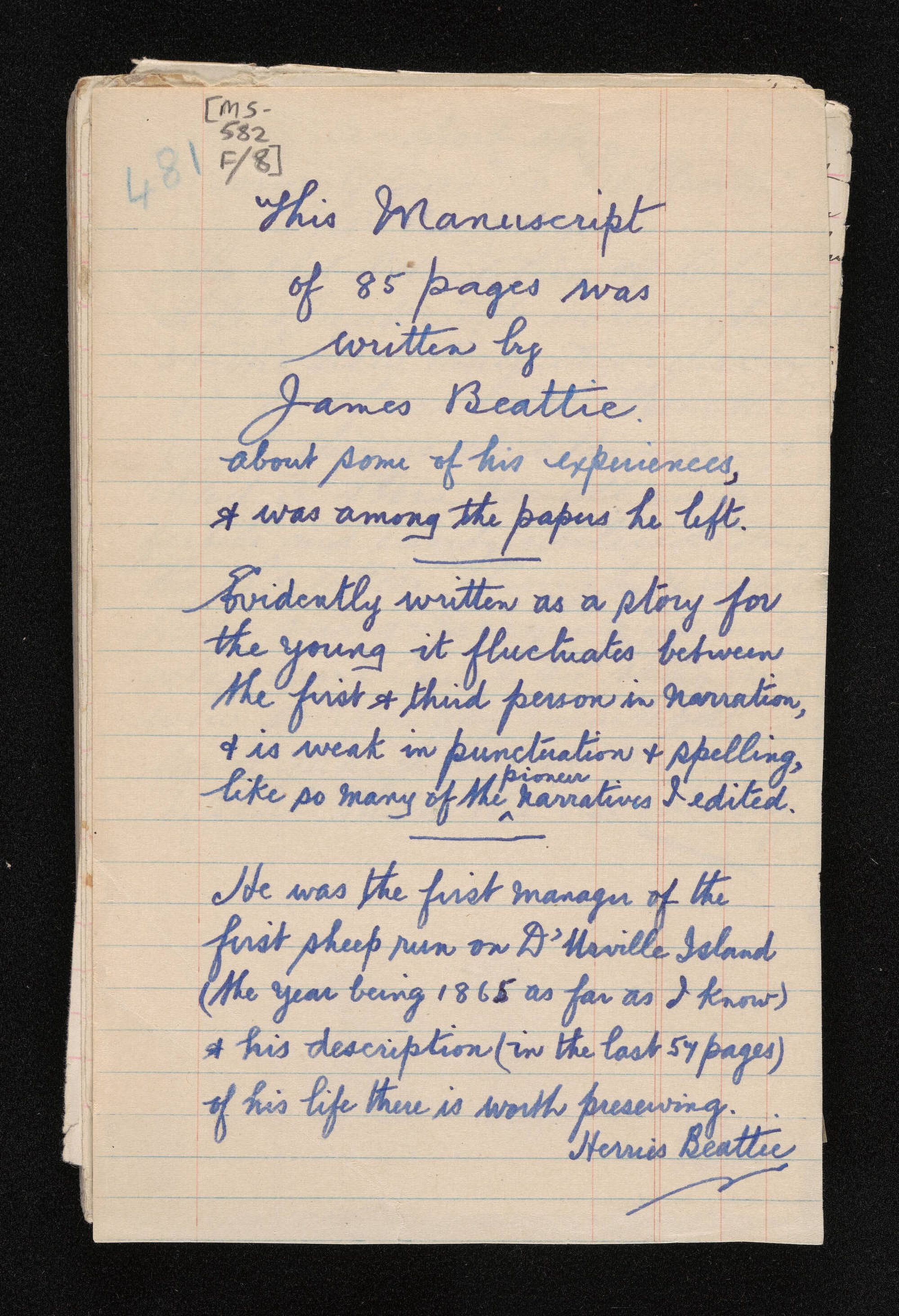 Manuscript of a short story entitled, 'From Otago to D'Urvilles', by James Beattie