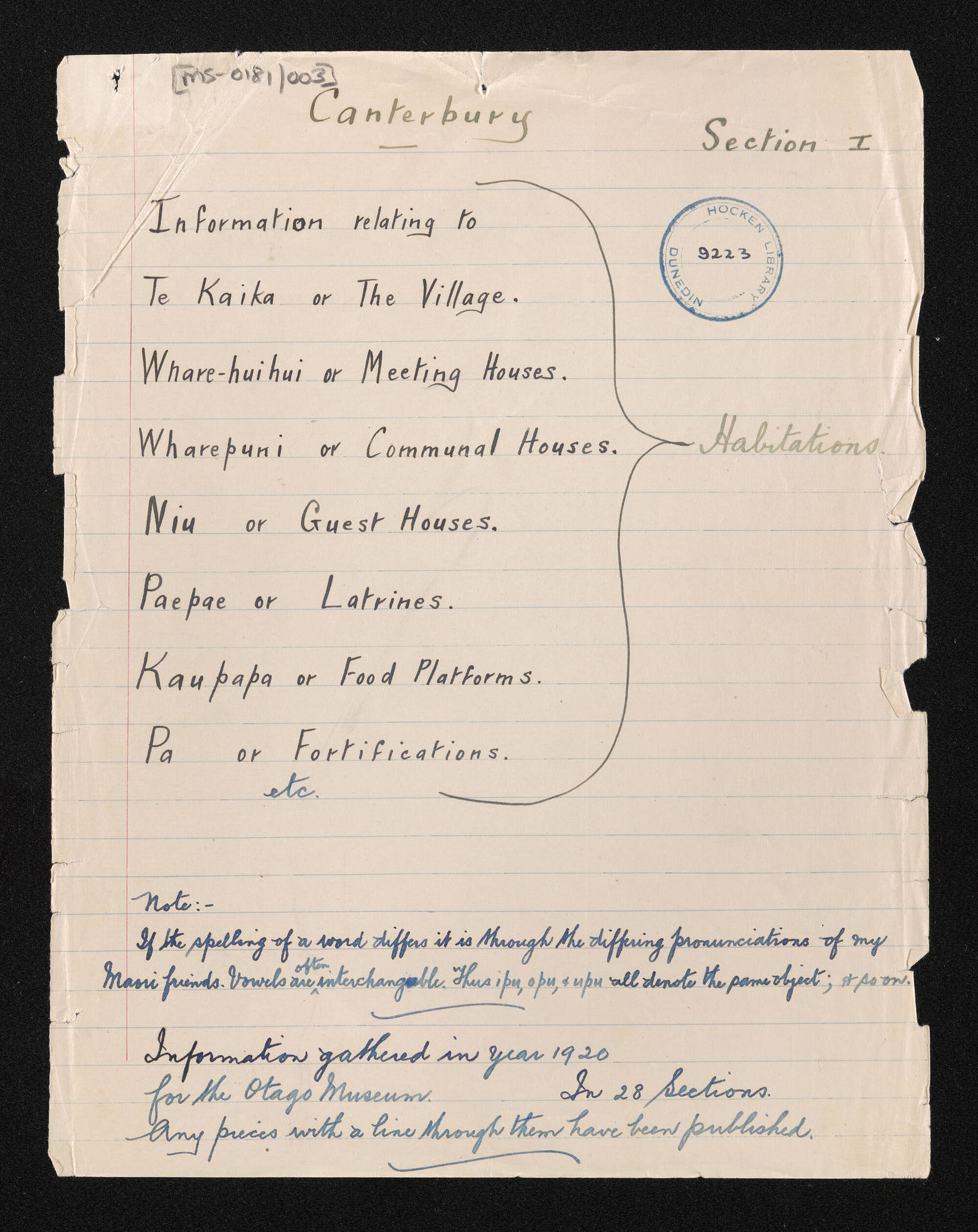 Record of interviews with Māori in Canterbury, sections 1 to 14