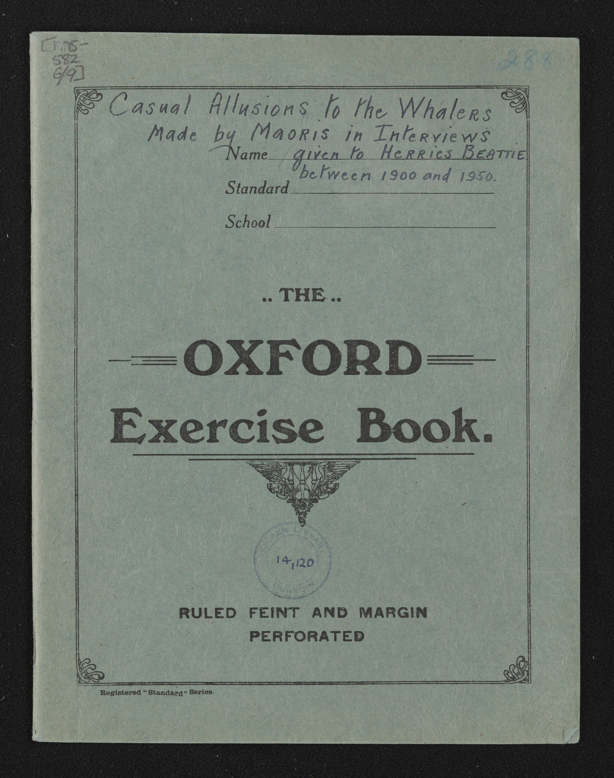 Notebook entitled, 'Casual allusions to the whalers made by Maoris in interviews betweens 1900 and 1950'