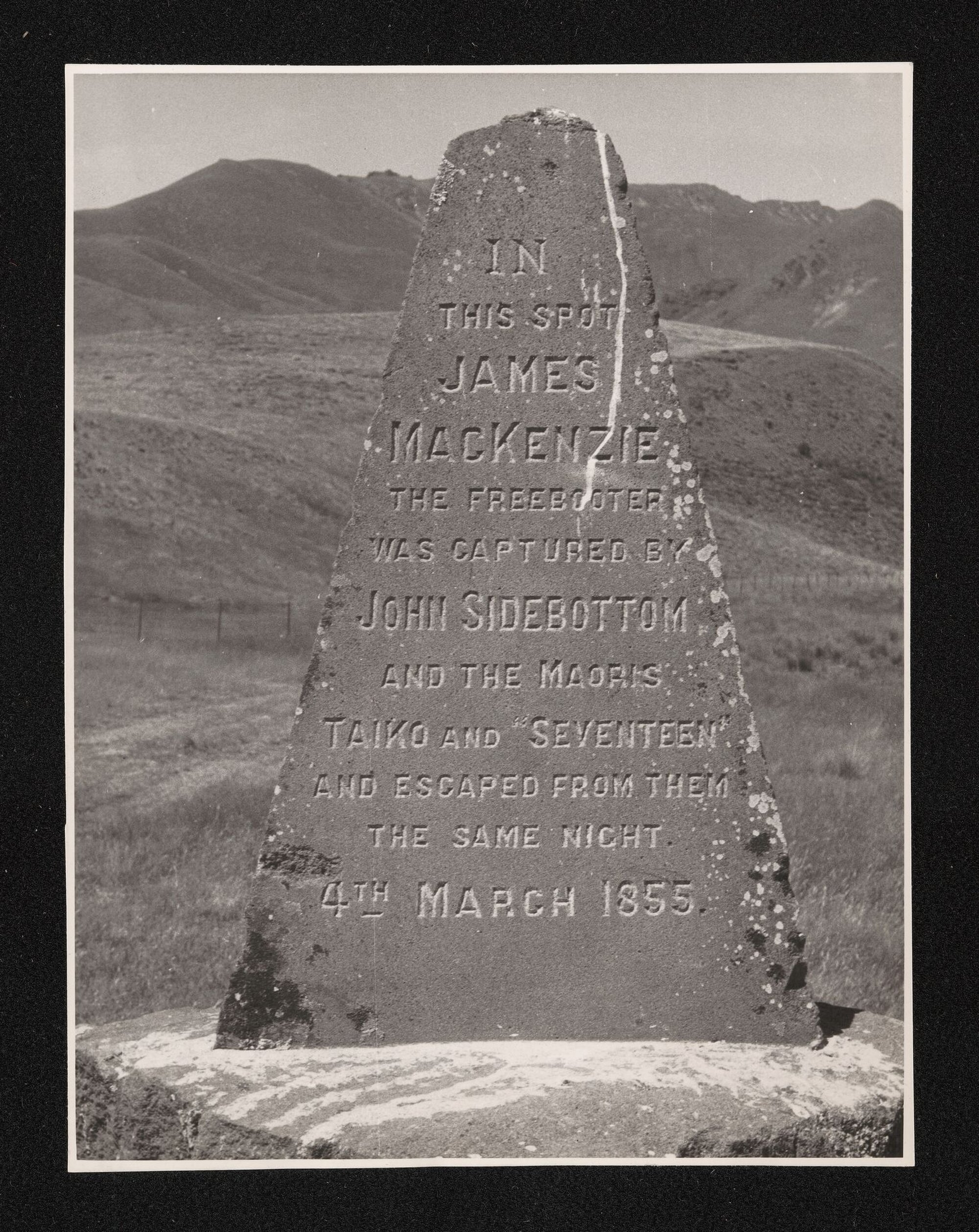 Photograph of English text on monument erected in recognition of James Mackenzie