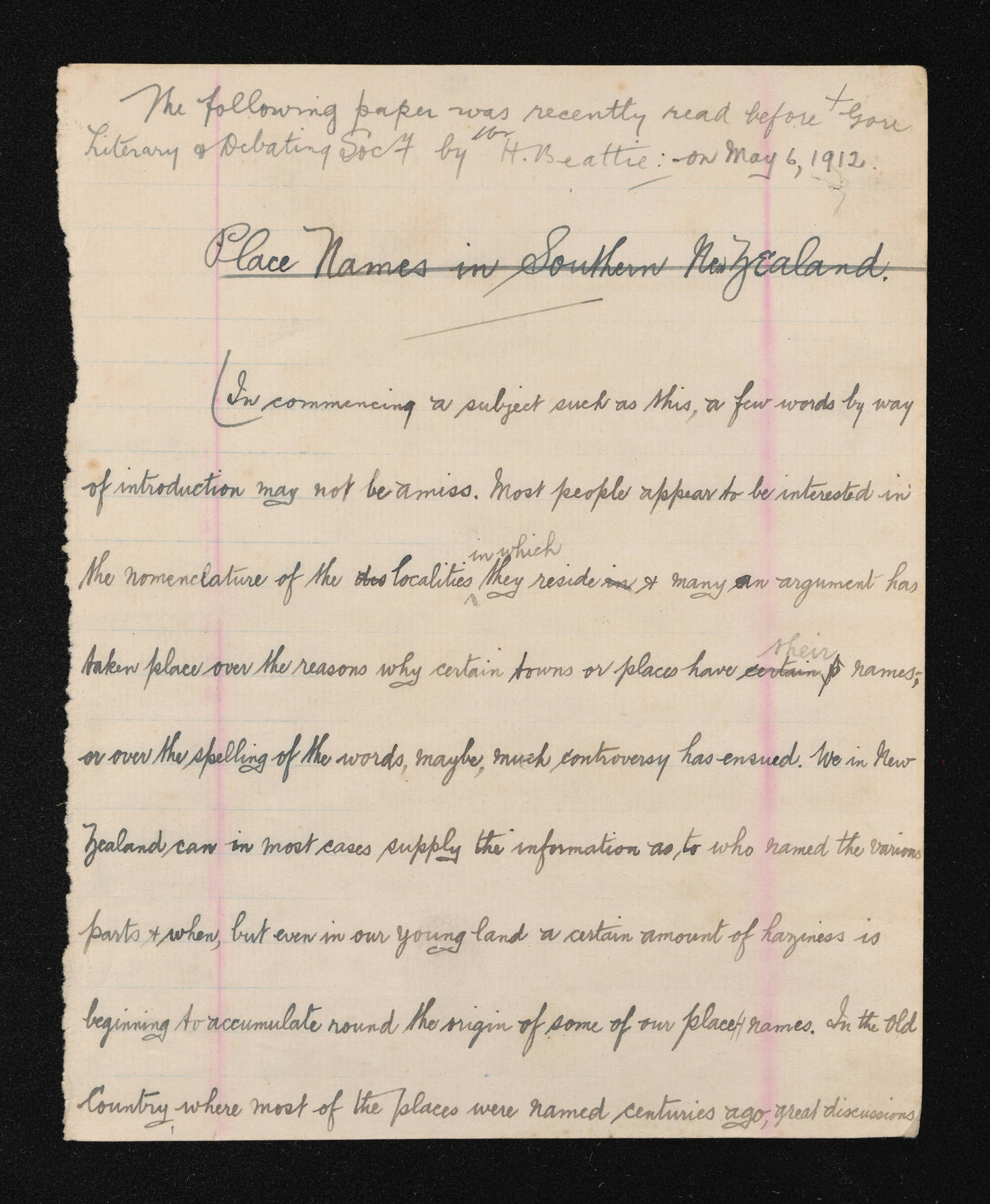 Manuscript of 'European place names in southern New Zealand'