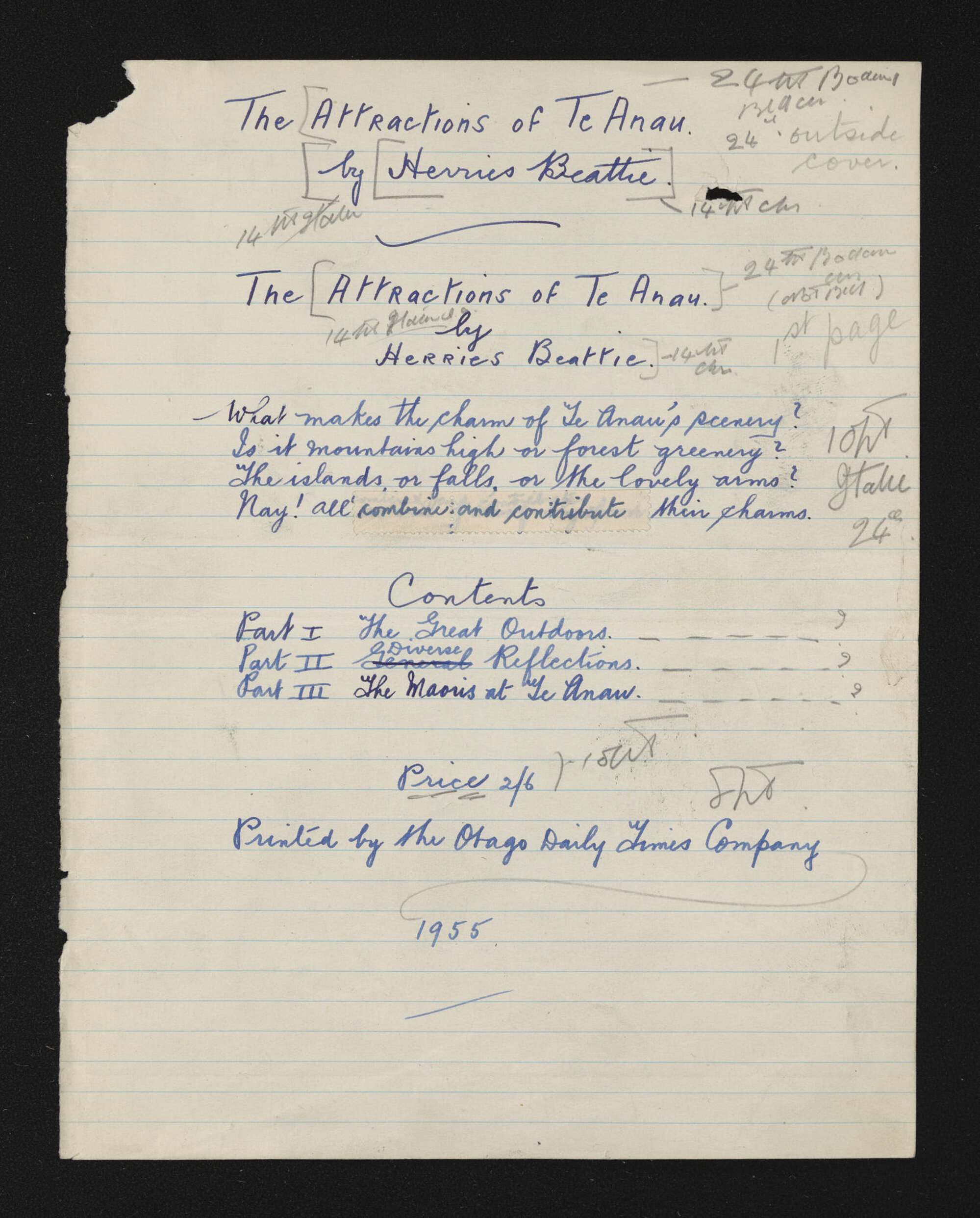 Manuscript of 'Attractions of Te Anau'