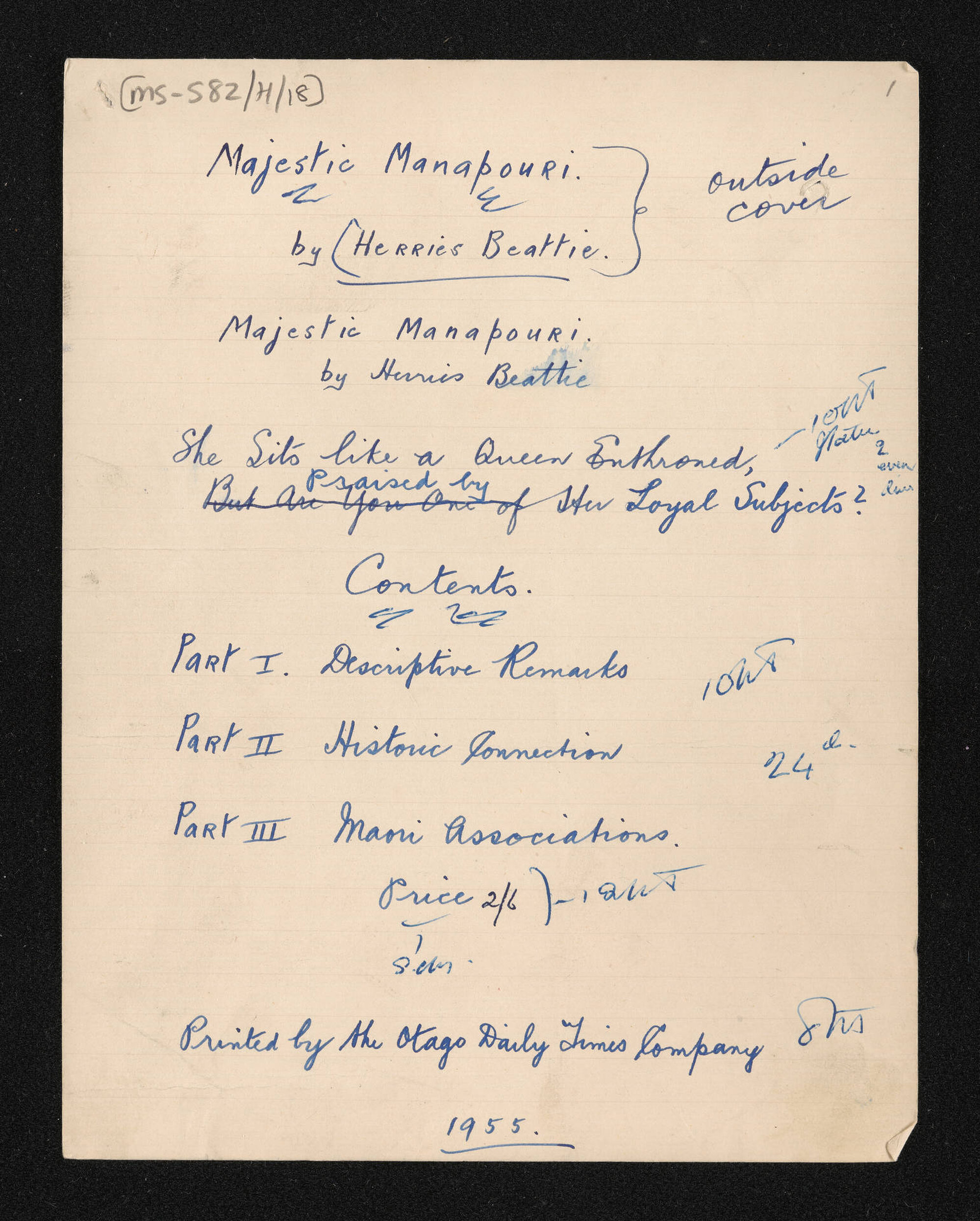 Manuscript of 'Majestic Manapouri'
