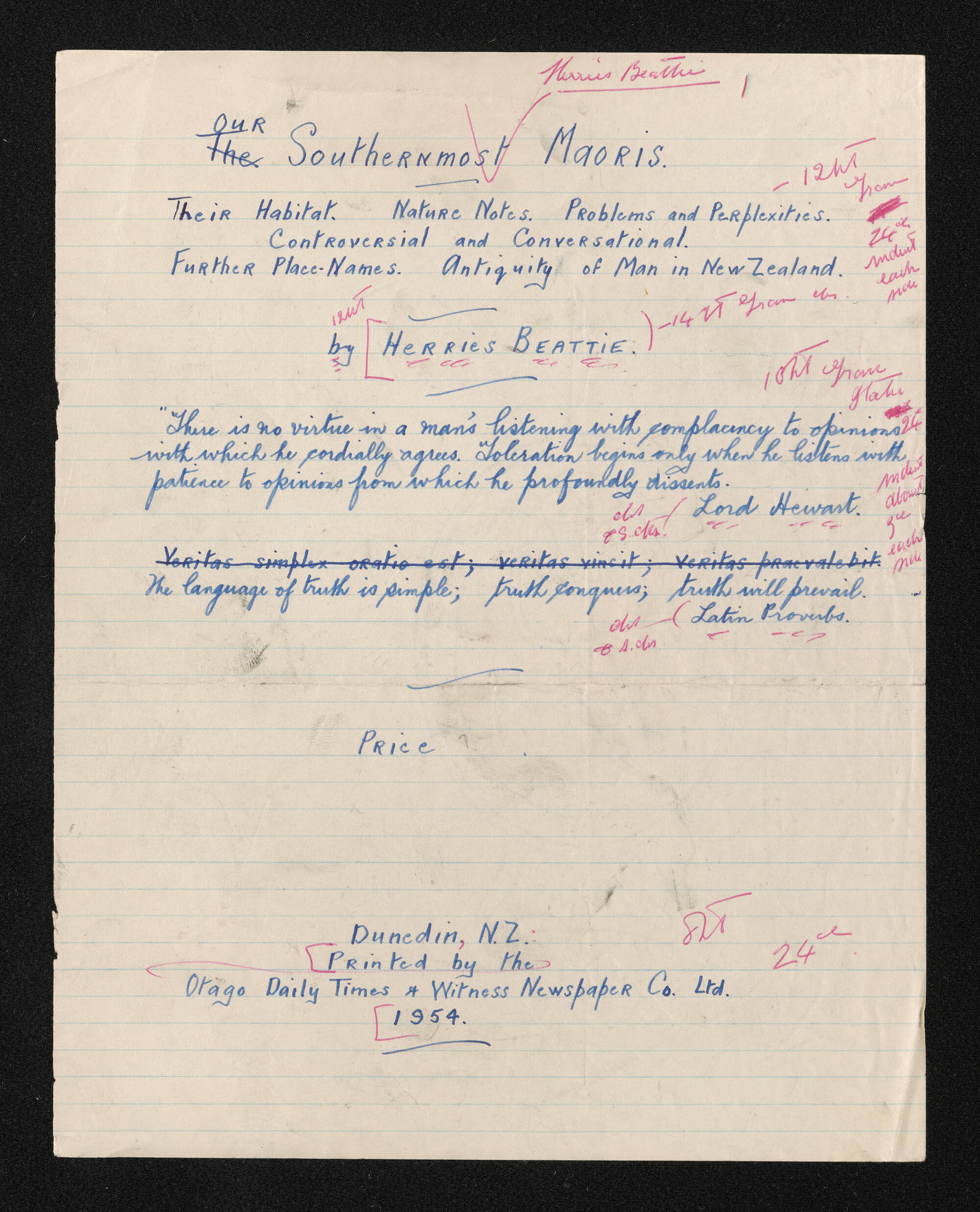 Manuscript of 'Our southernmost Maoris'