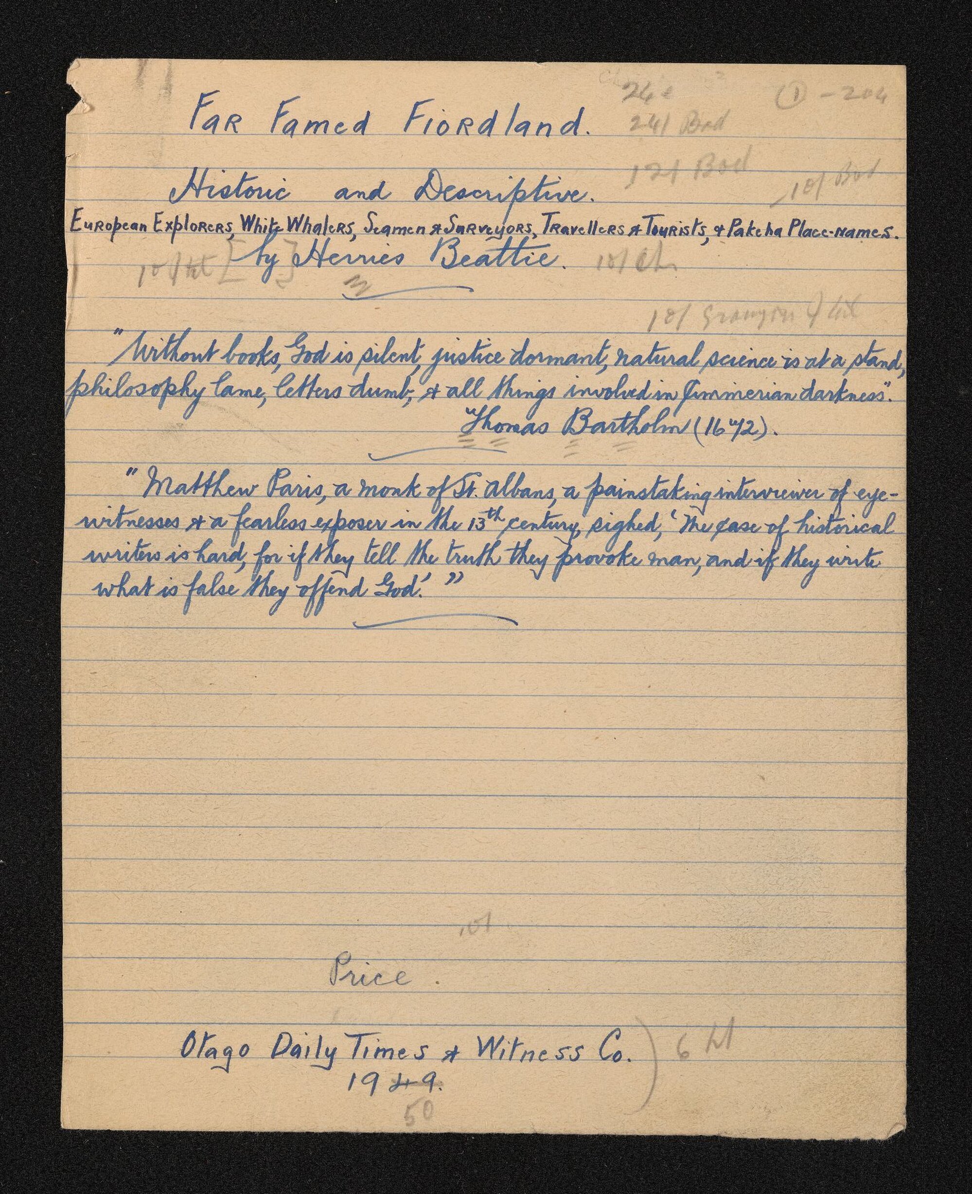 Manuscript of 'Far famed Fiordland'