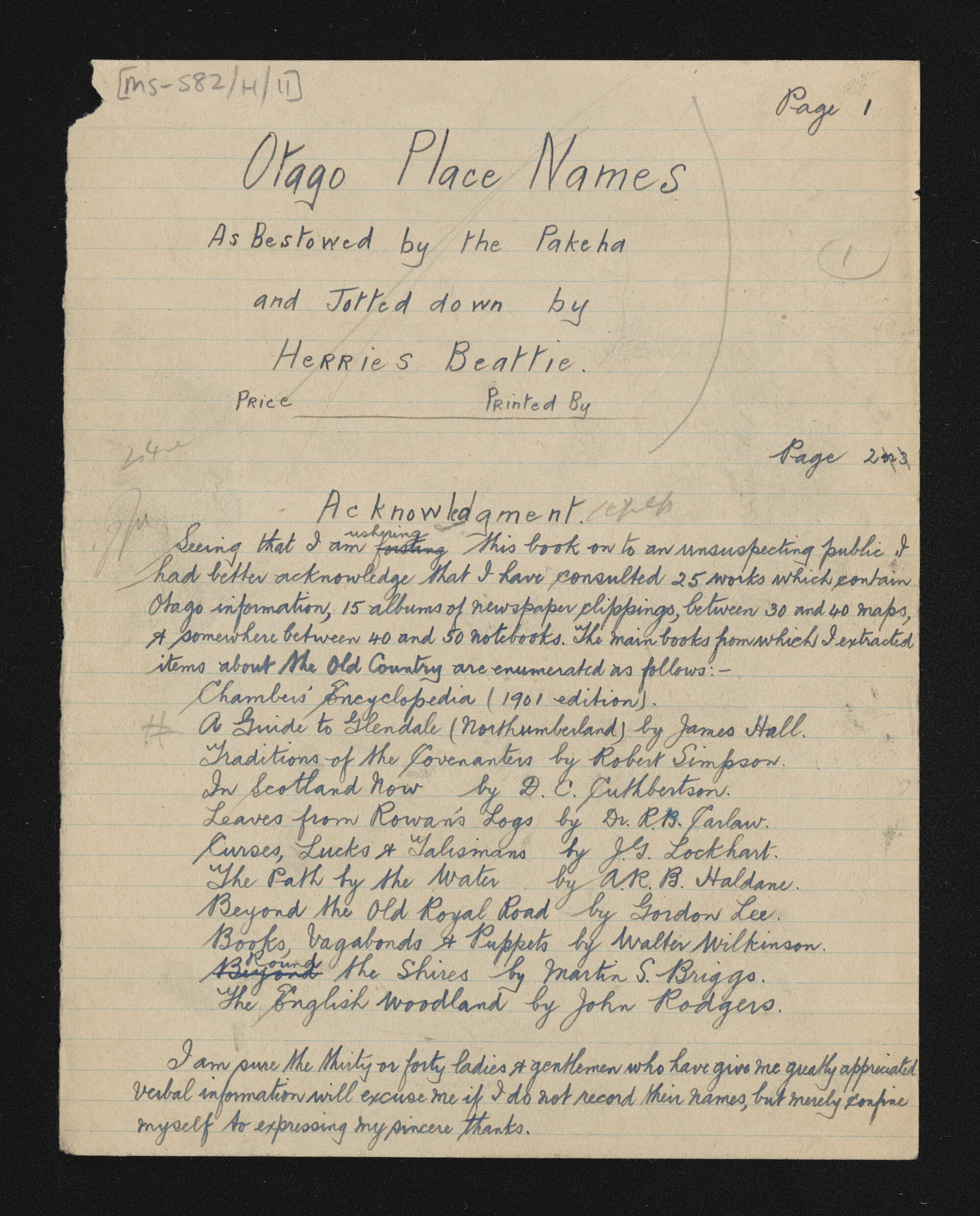 Manuscript of 'Otago place names'