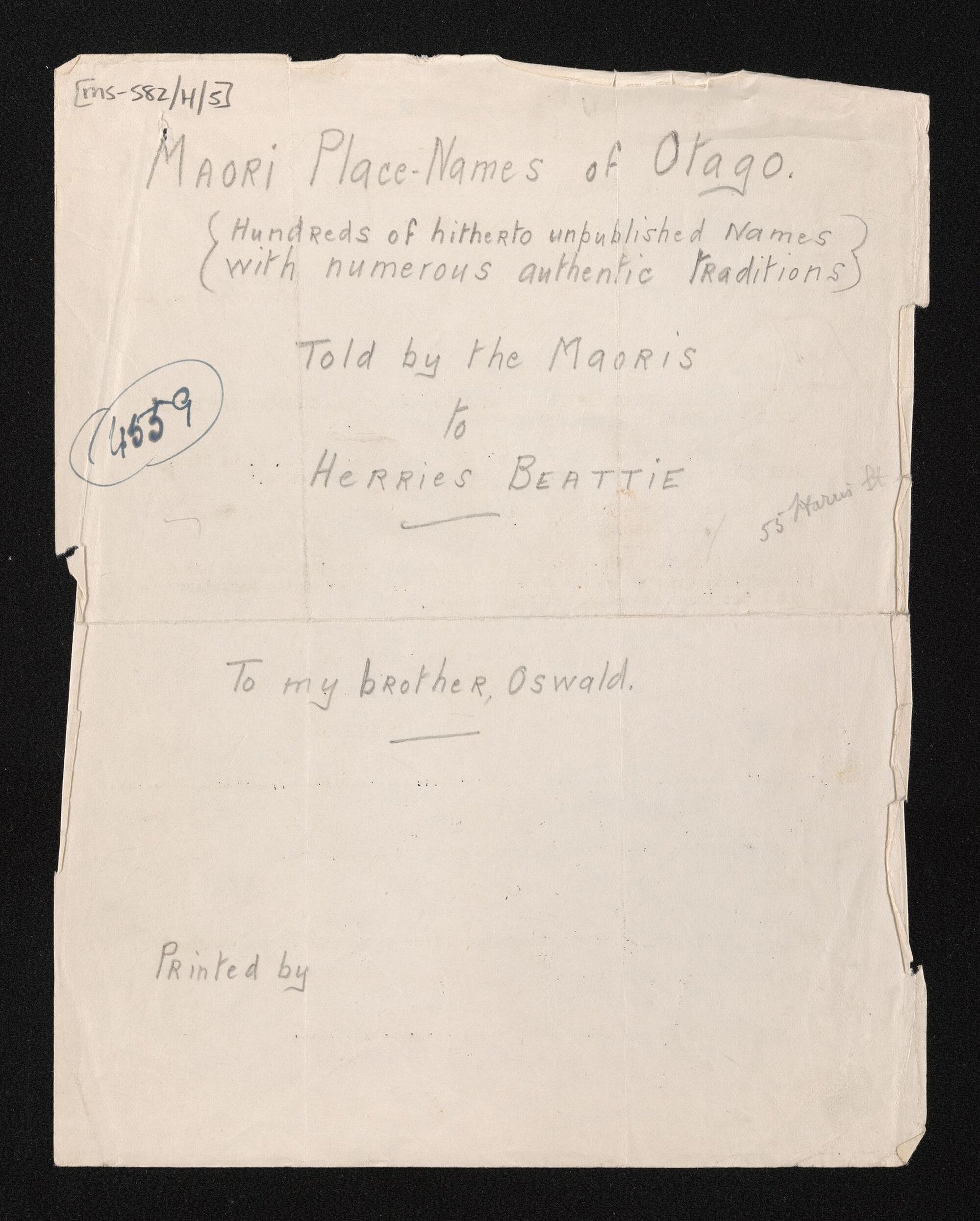 Manuscript of 'Maori place names of Otago'