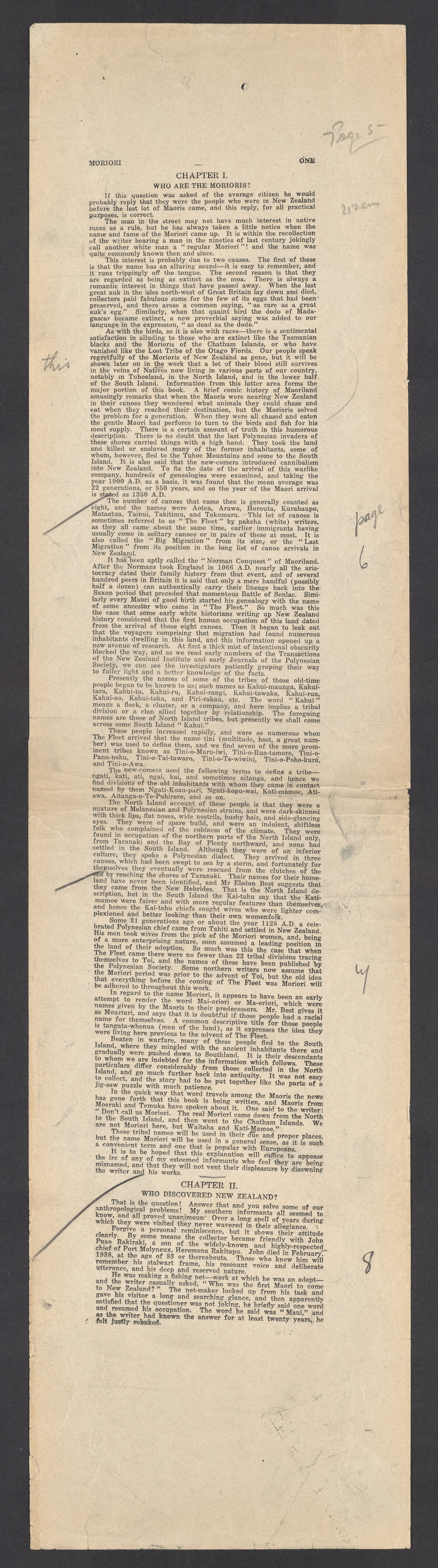 Manuscript of 'The Morioris of the South Island', proof copy for press