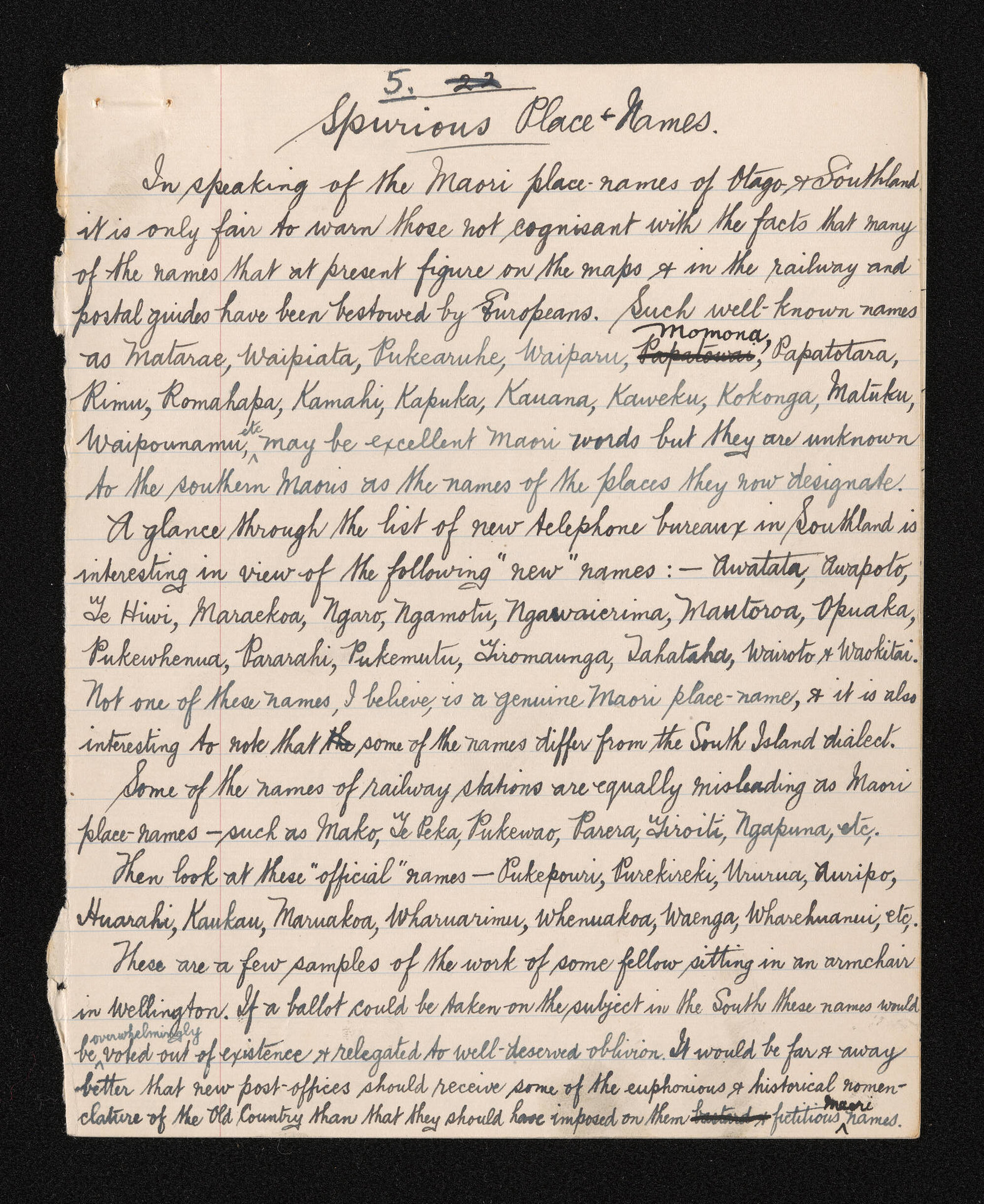 Manuscript entitled 'Spurious Place-Names' written by Herries Beattie as a contribution to W.H.S. Roberts', 'Place names and early history of Otago and Southland'