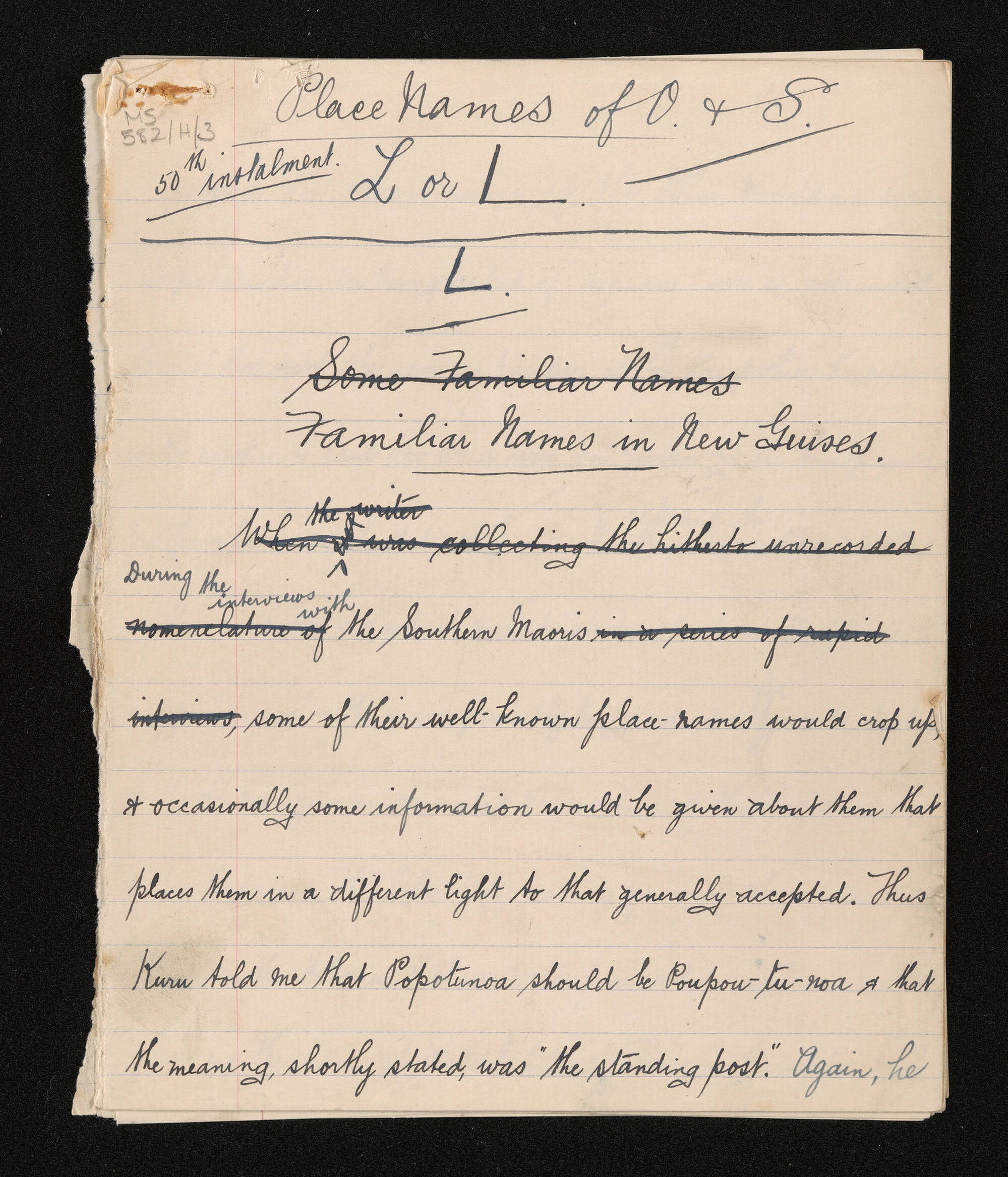 Manuscript entitled 'Place names of O. &amp; S., 50th instalment, L' written by Herries Beattie as a contribution to W.H.S. Roberts', 'Place names and early history of Otago and Southland'