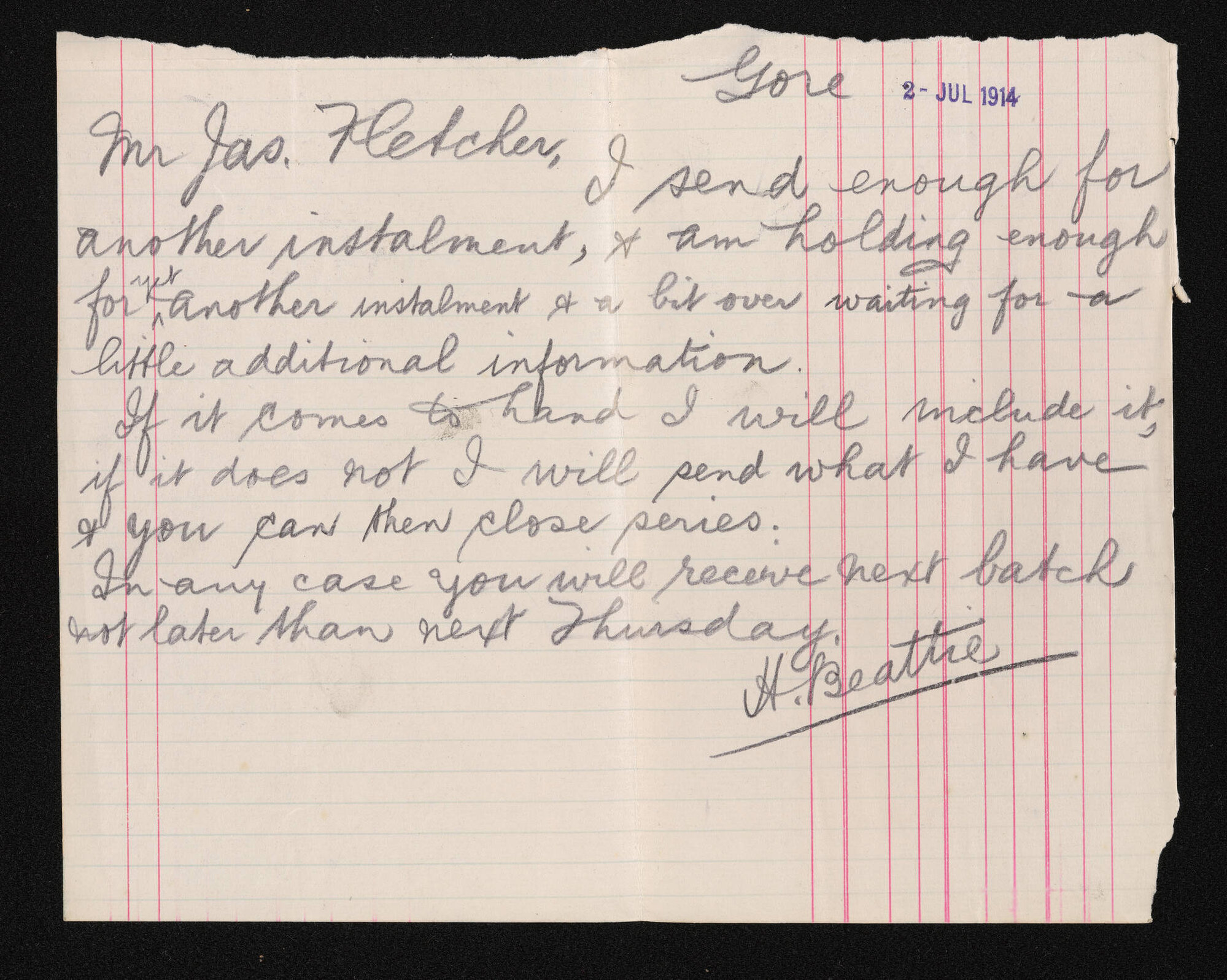Letter, 2 July 1914, from Herries Beattie, to James Fletcher, regarding contributions to  W.H.S. Roberts', 'Place names and early history of Otago and Southland', including preface and epilogue