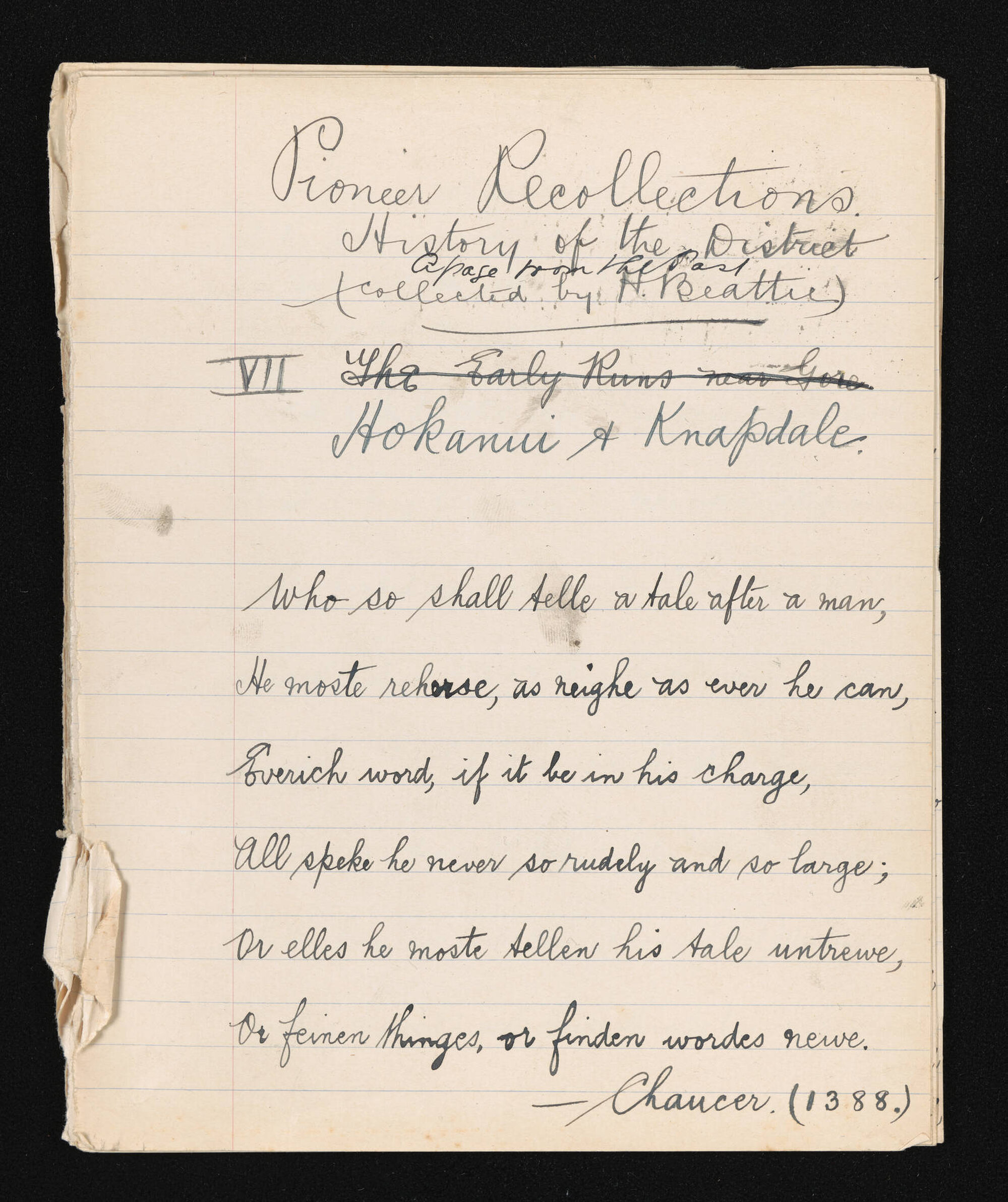Manuscript of 'Pioneer recollections', part 1, chapter 7
