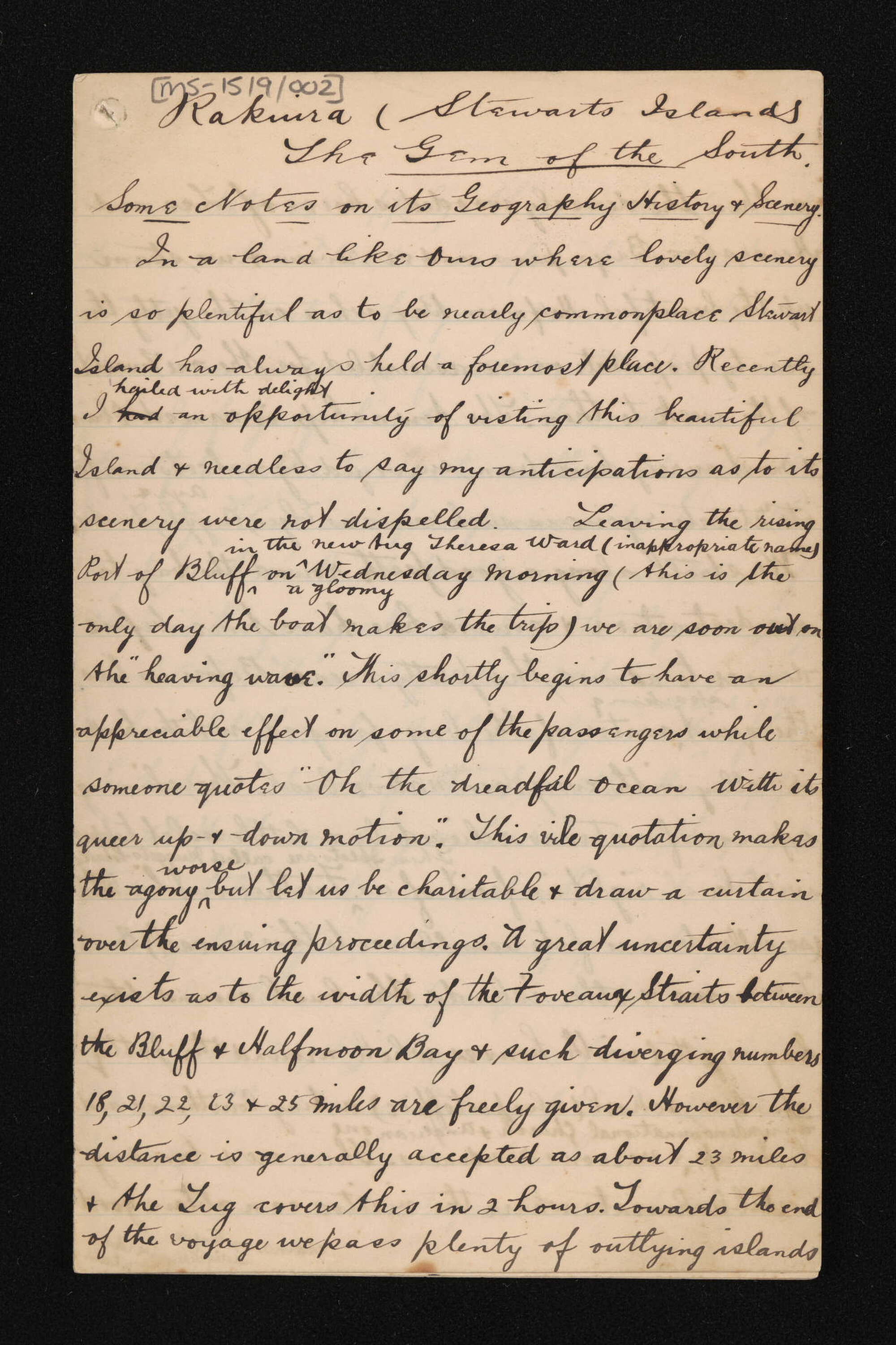 Manuscript entitled, 'Rakiura (Stewarts [sic] Island); The gem of the South'