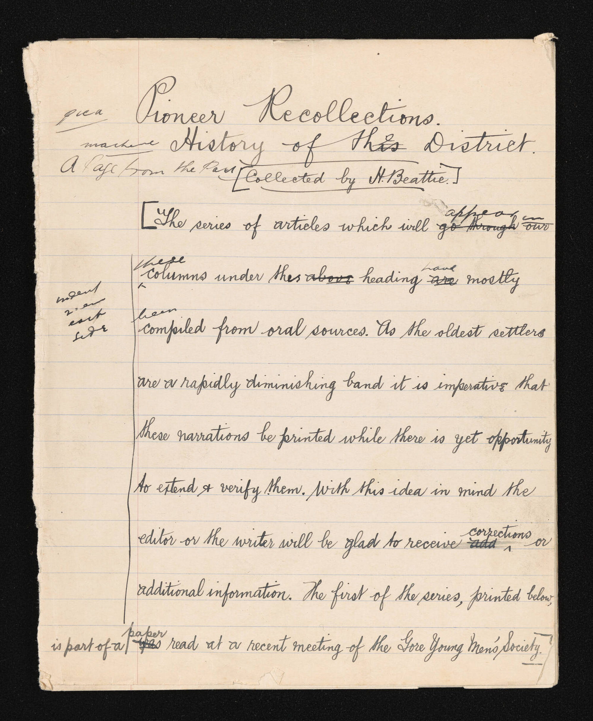 Manuscript of 'Pioneer recollections', part 1, chapter 1