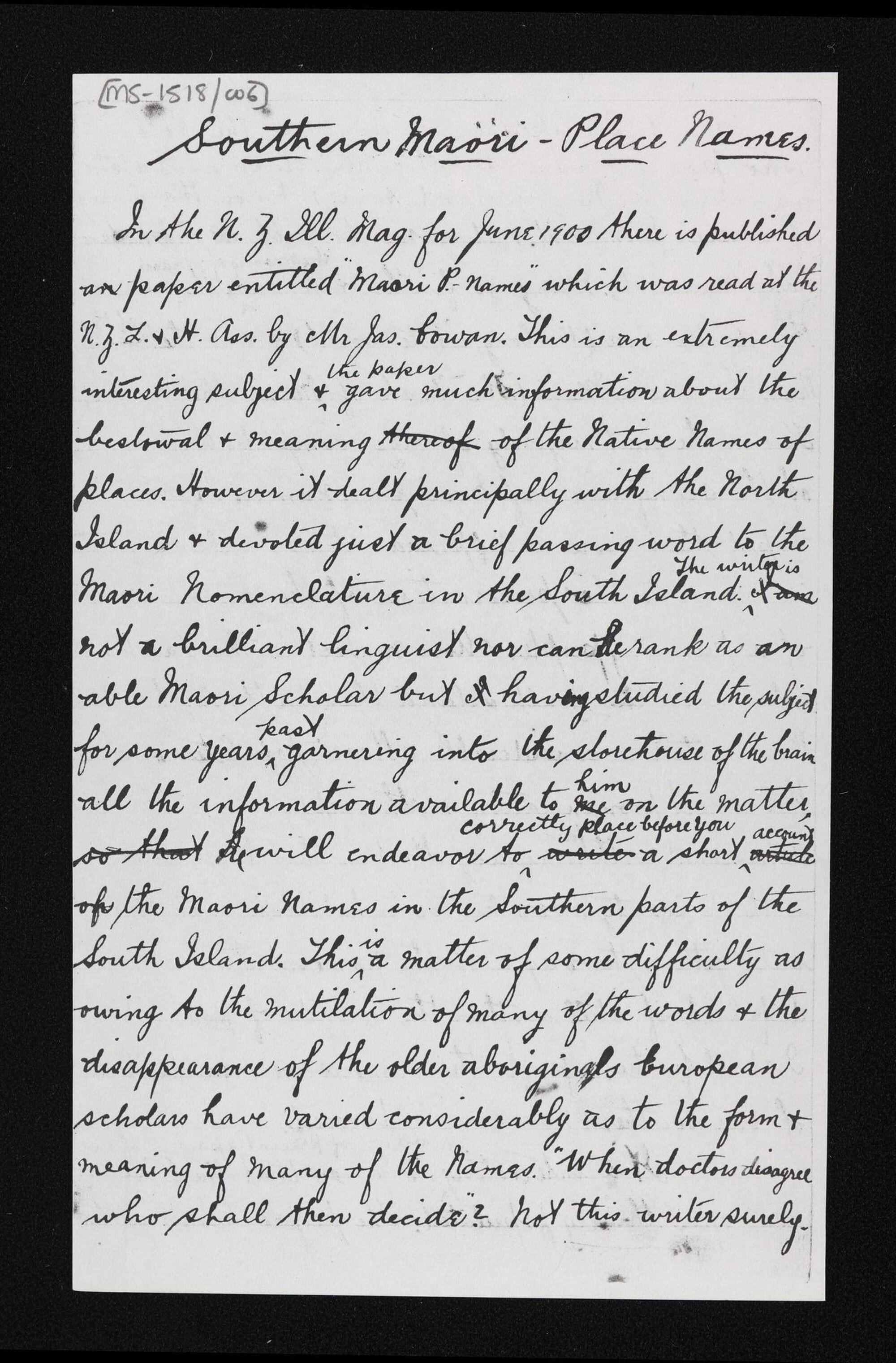 Photocopies of various papers relating to Māori place names in southern New Zealand