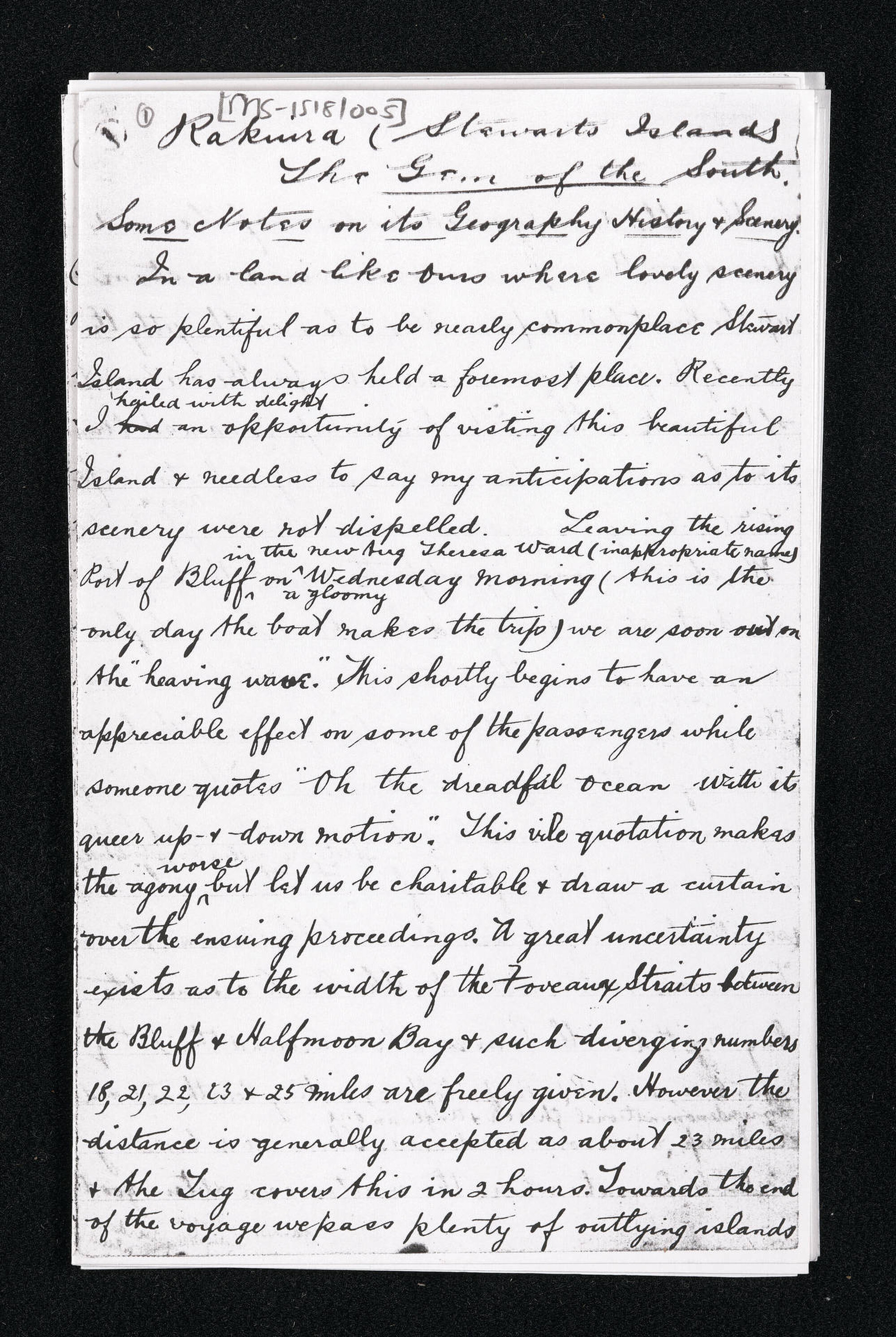 Photocopy of the manuscript entitled, 'Rakiura (Stewarts [sic] Island); The gem of the South'