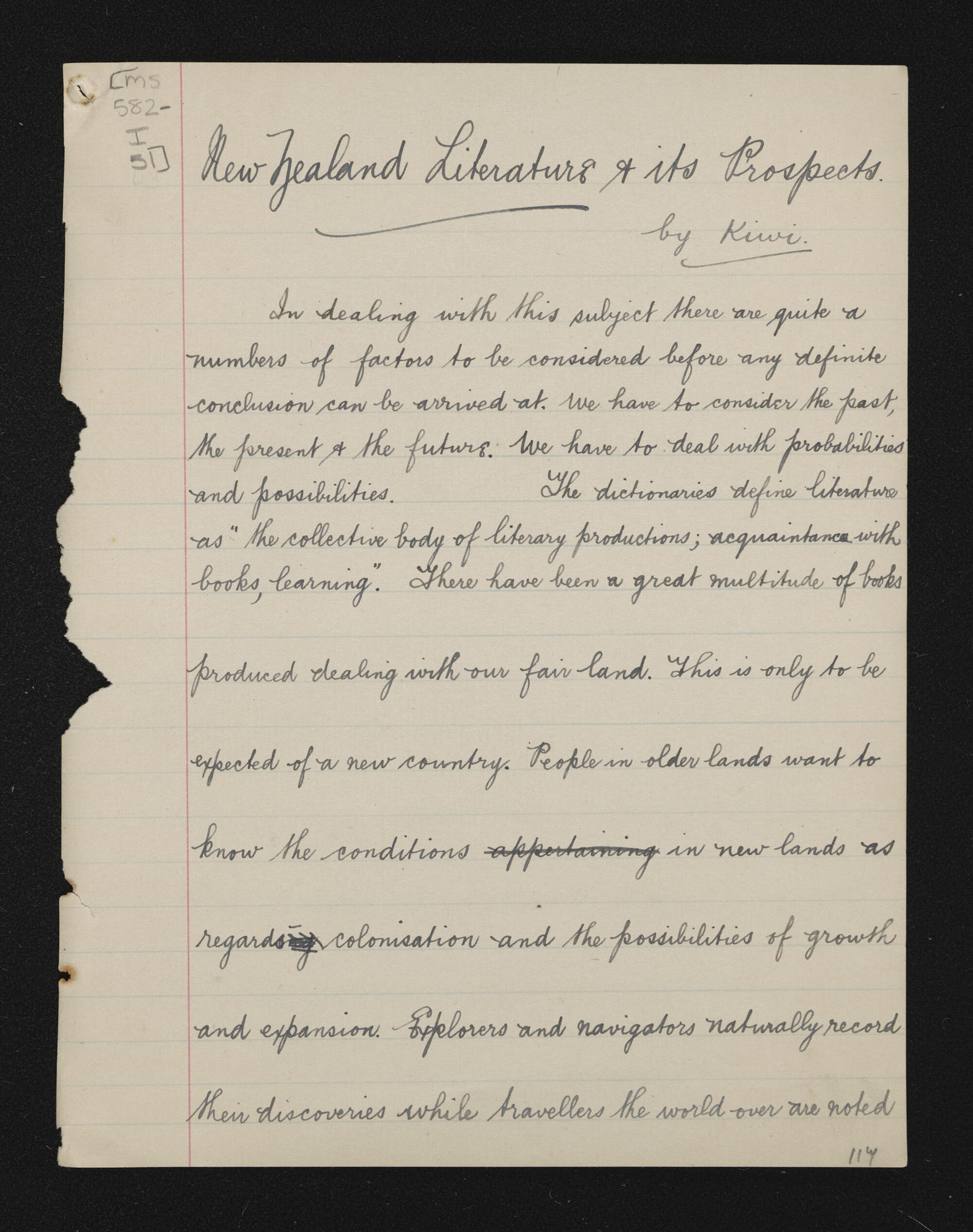 Notes entitled, 'New Zealand literature and its prospects', by Kiwi