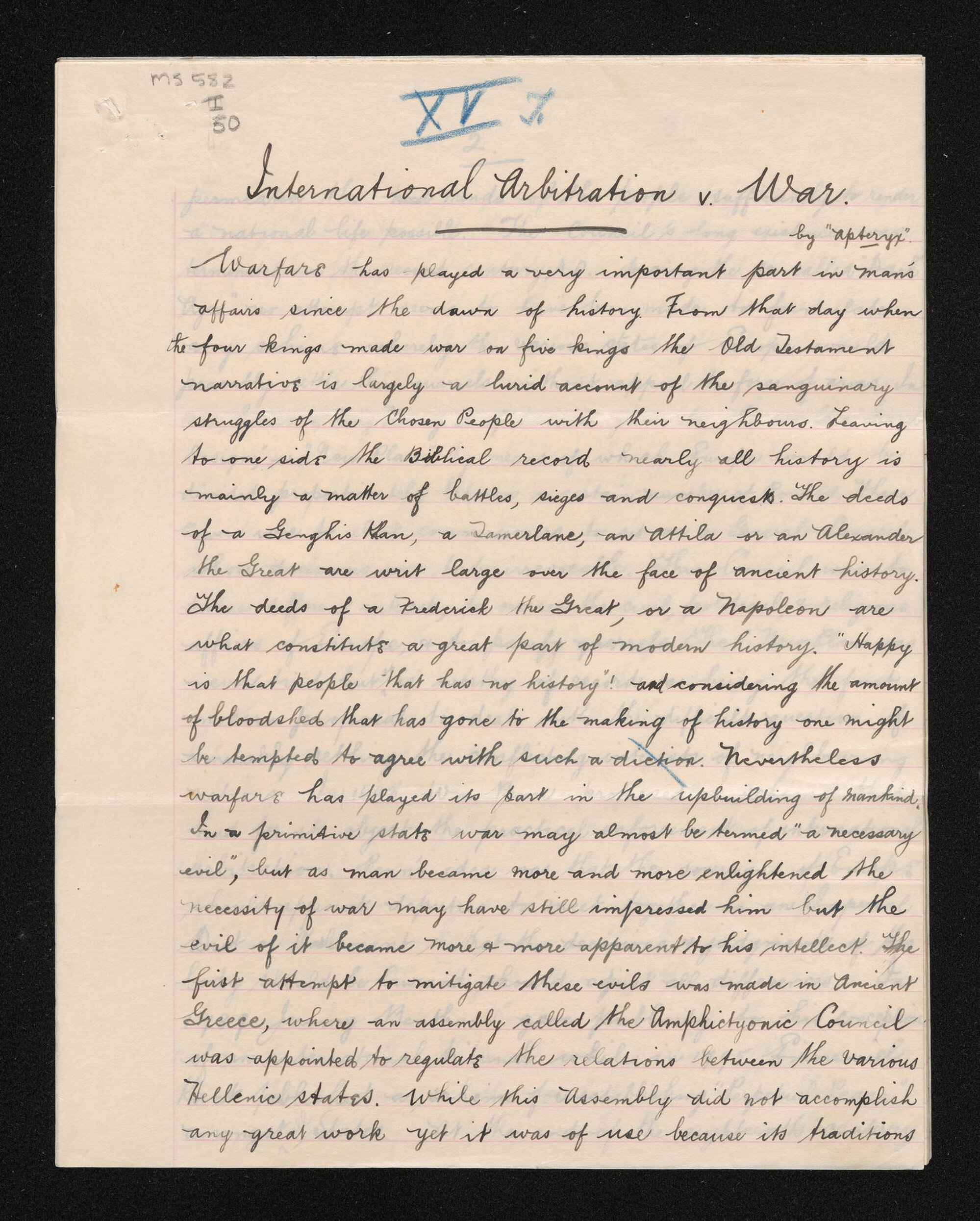 Manuscript entitled, 'International arbitration v. war', by Apteryx