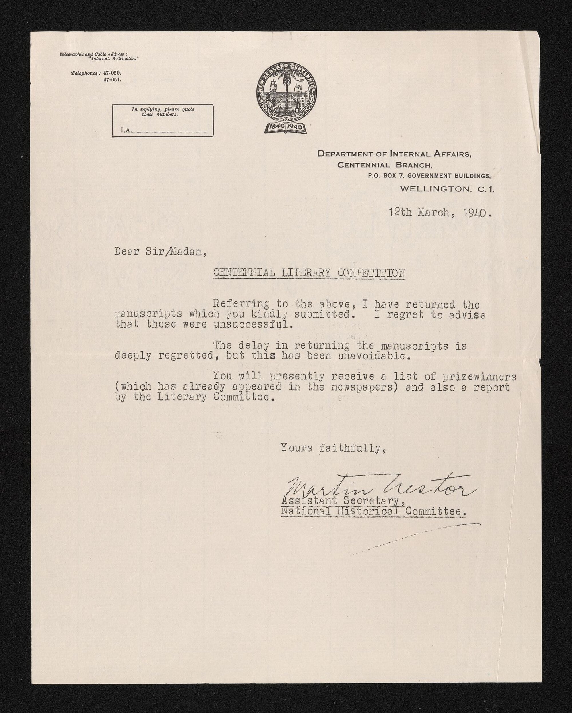 Letter, 12 March 1940, from Martin Nestor, to Herries Beattie, regarding his unsuccessful submission to the Centennial Literary Competition