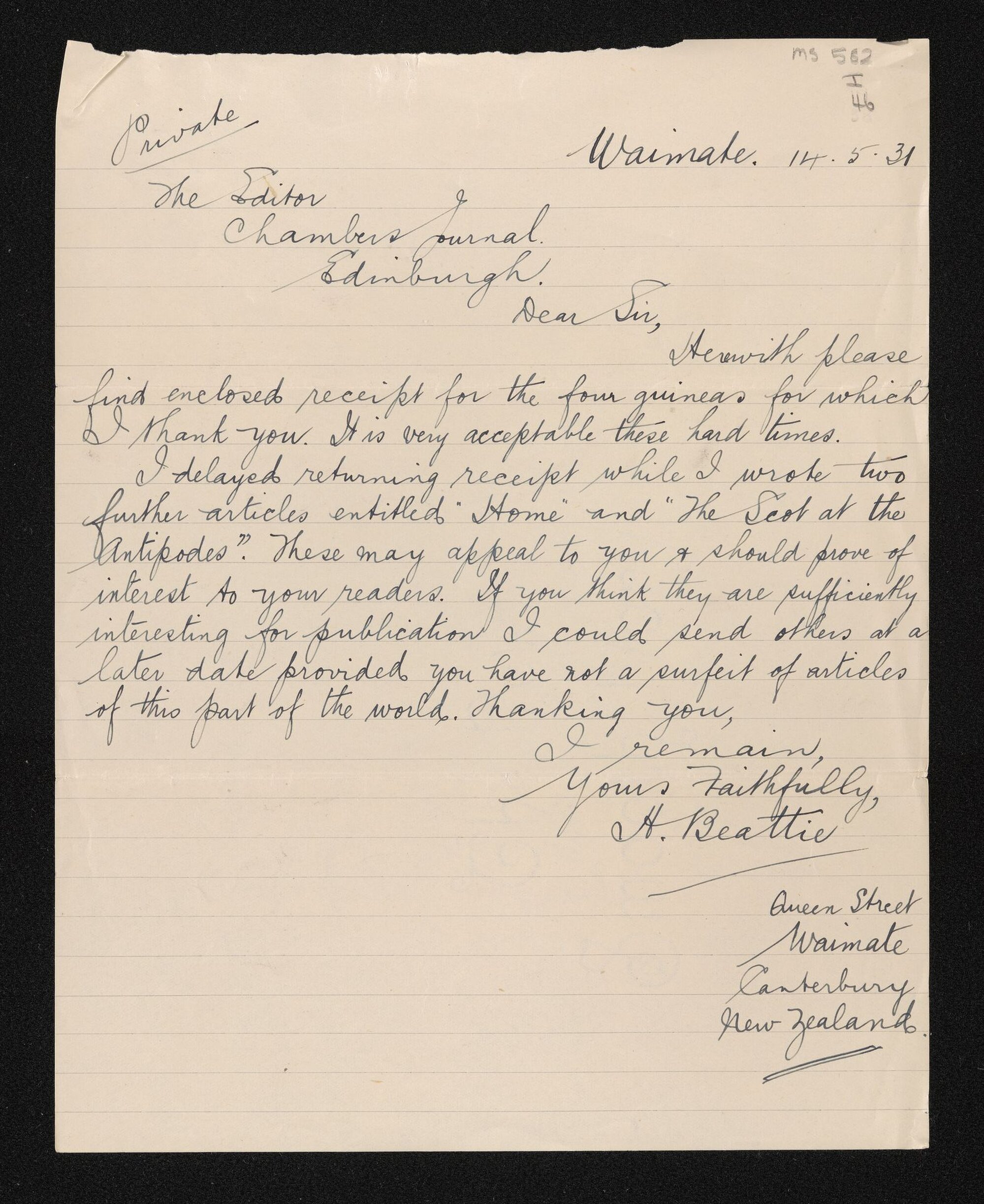 Letter, 14 May 1931, from Herries Beattie, to the editor of Chamber's Journal, Edinburgh