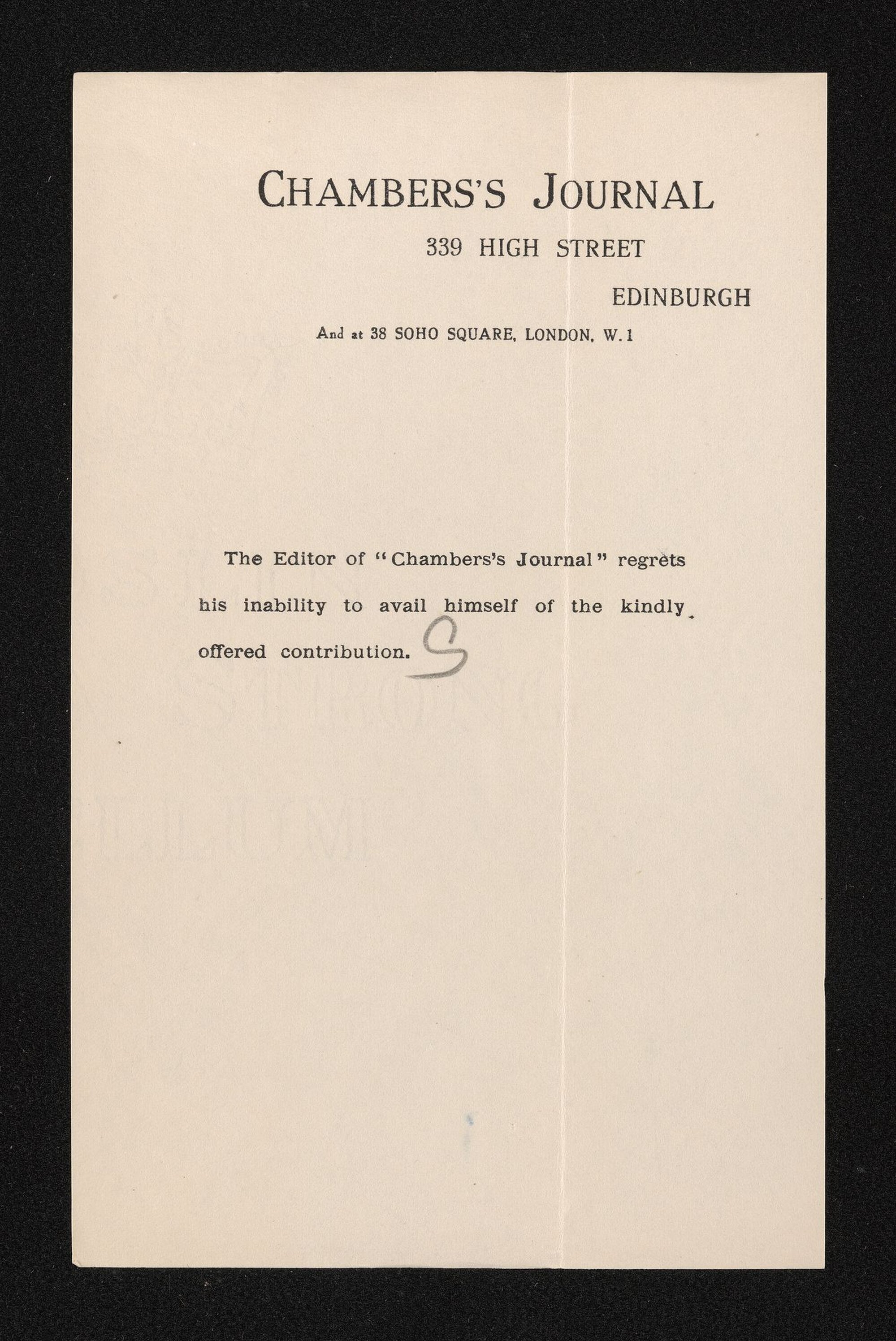 Rejection letter from the editor of Chamber's Journal and annotated envelope fragments