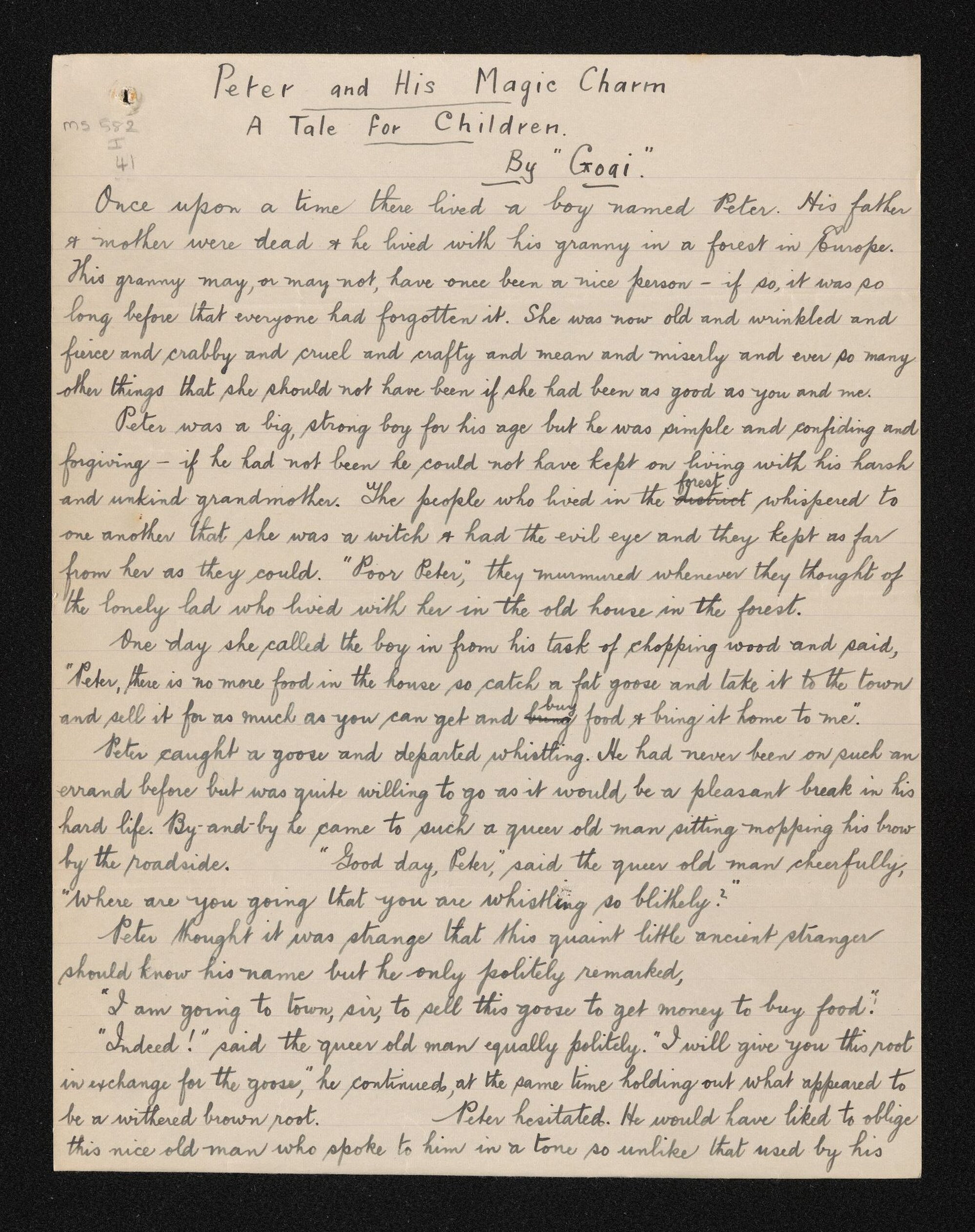 Manuscript entitled, 'Peter and his magic charm; A tale for children', by Goai