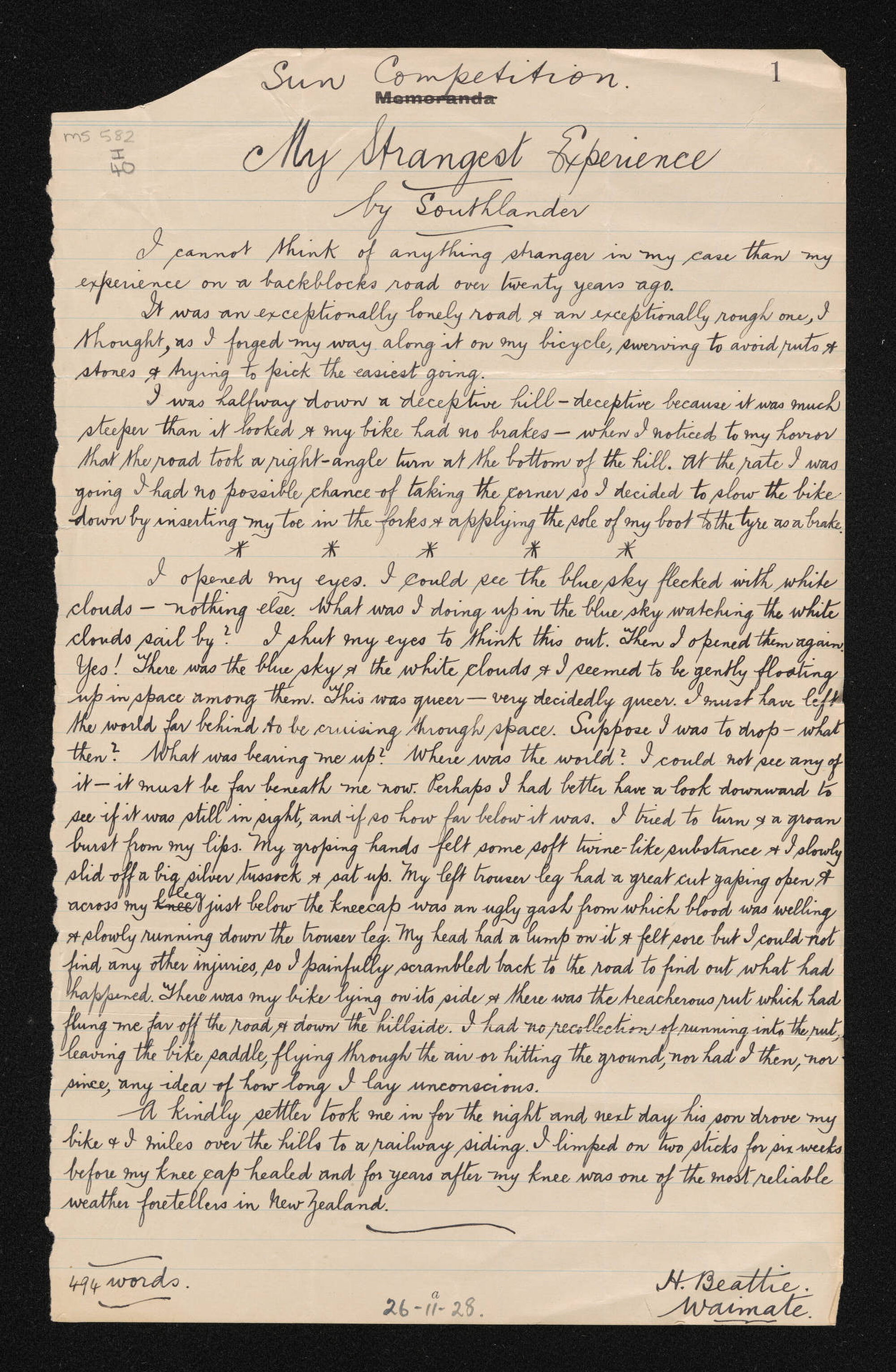 Manuscript entitled, 'My strangest experience', by Southlander