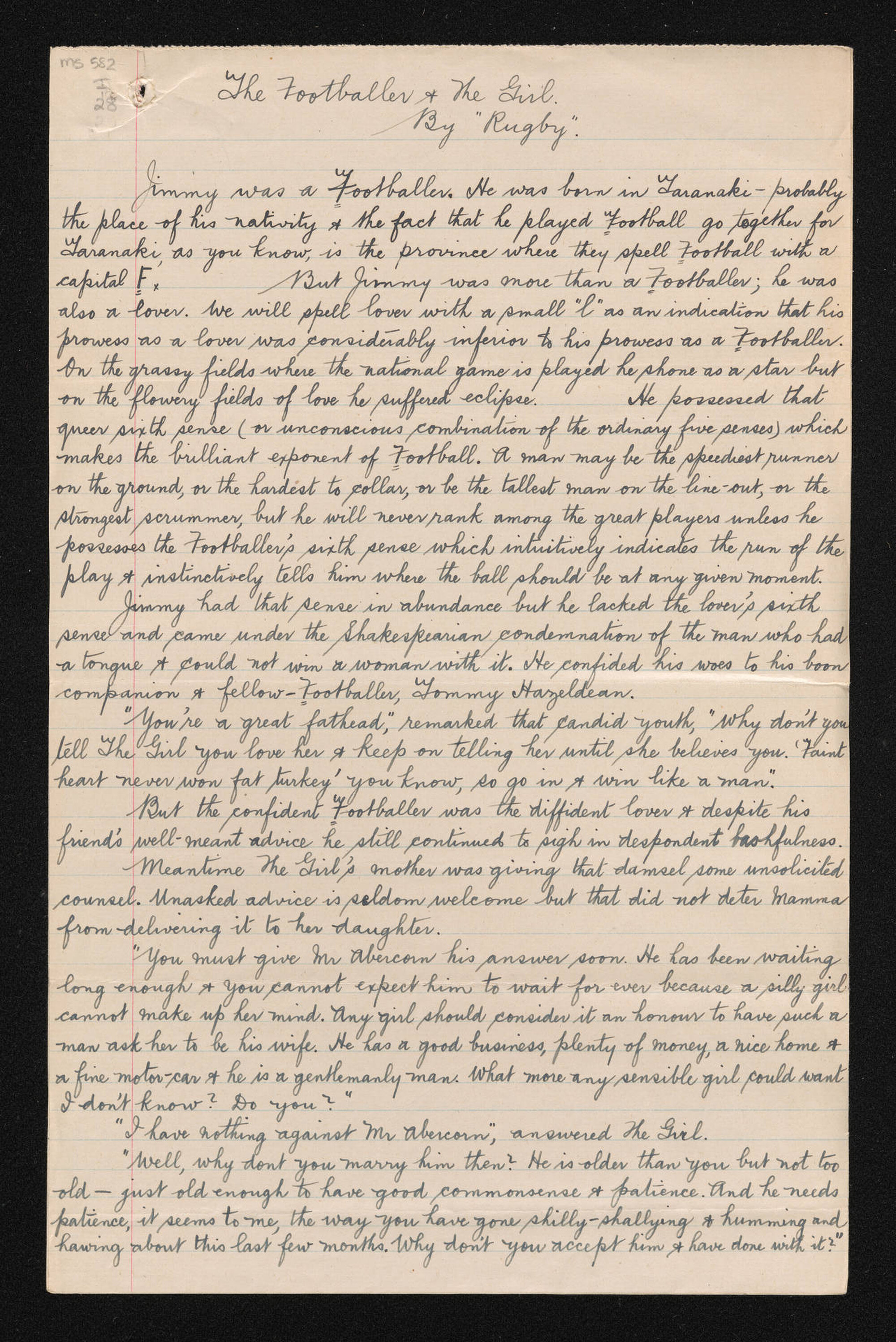 Manuscript entitled, 'The footballer and the girl', by Rugby