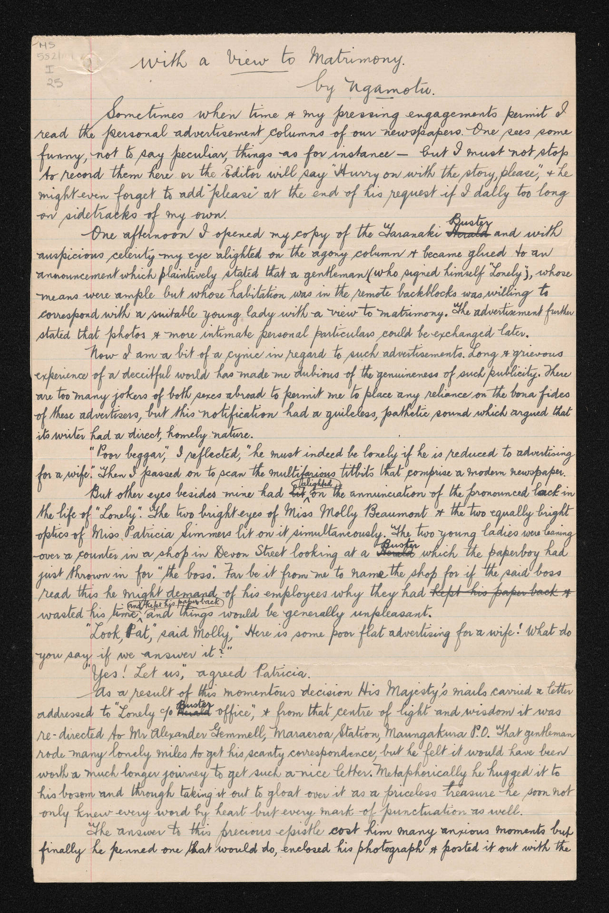 Manuscript entitled, 'With a view to matrimony', by Ngāmotu