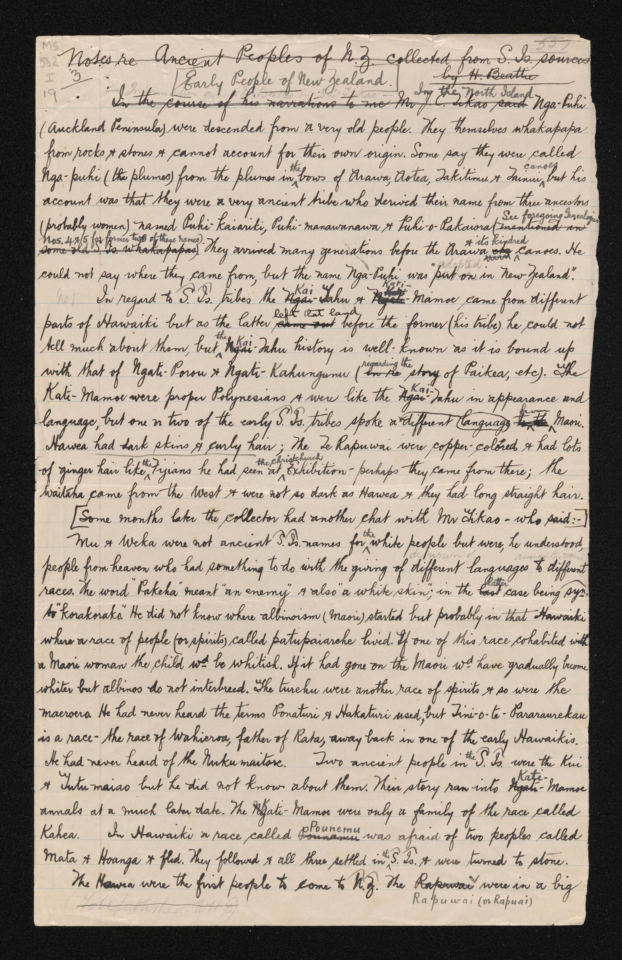 An incomplete manuscript entitled, 'Early people of New Zealand'