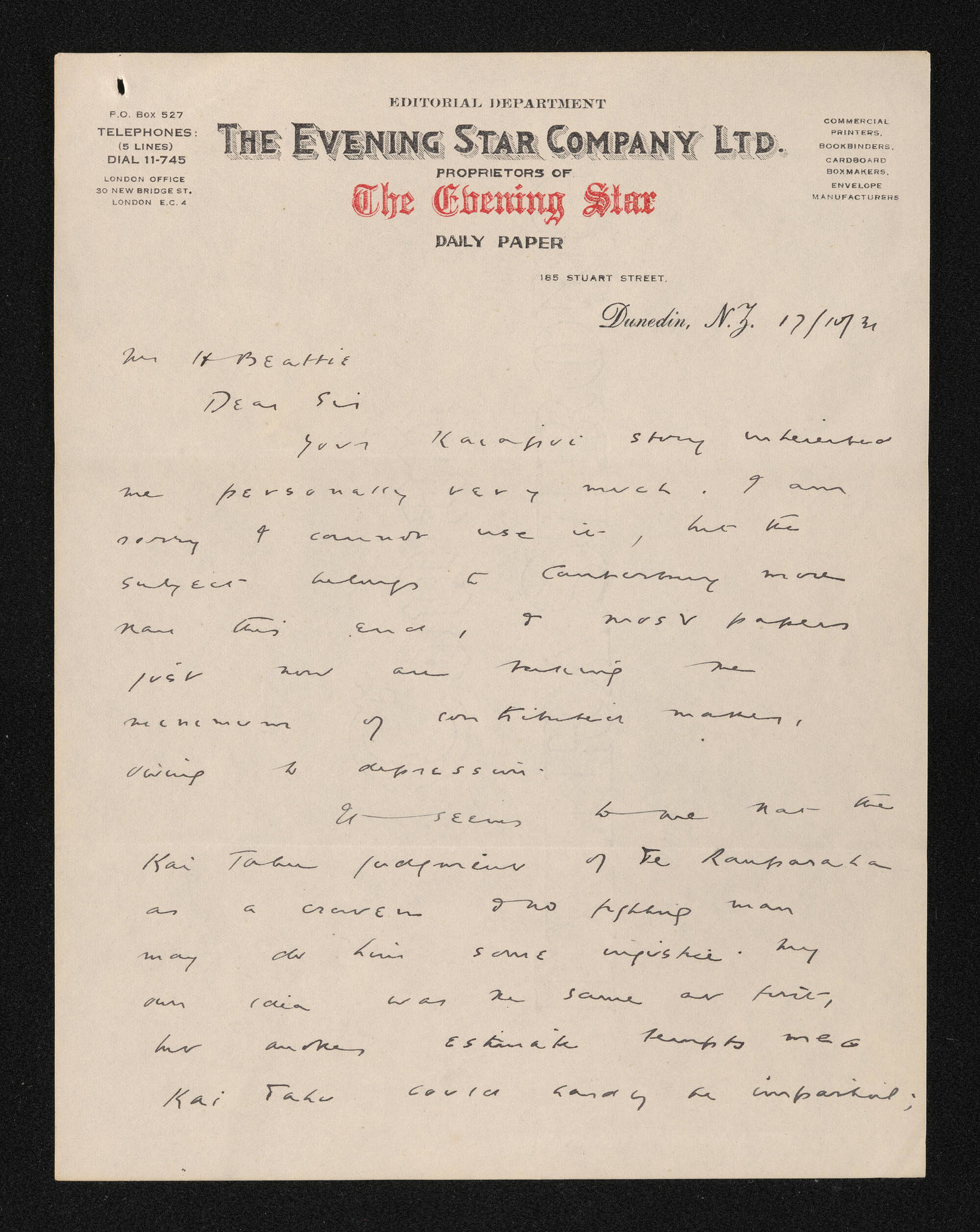 Letter, 17 October 1931, from W.F. Alexander, editor of the Evening Star, to Herries Beattie