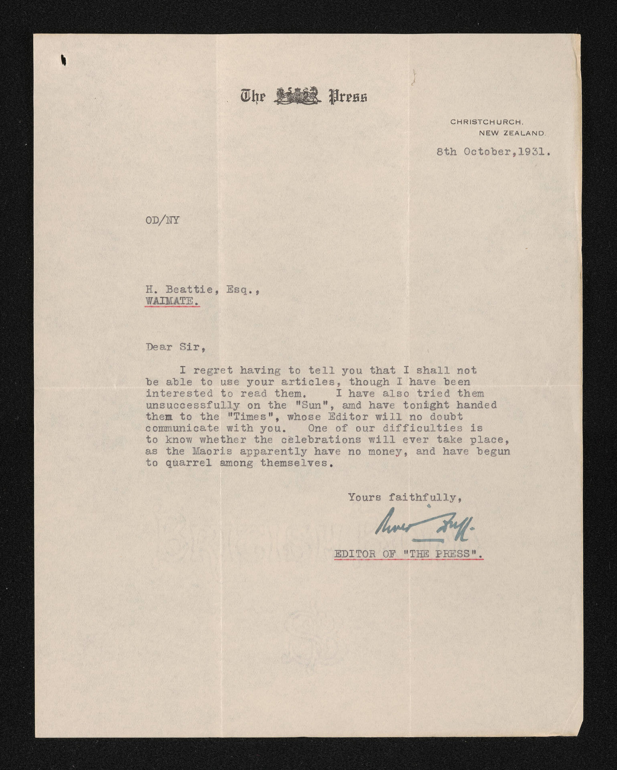 Letter, 8 October 1931, from Oliver Duff, editor of The Press, to Herries Beattie